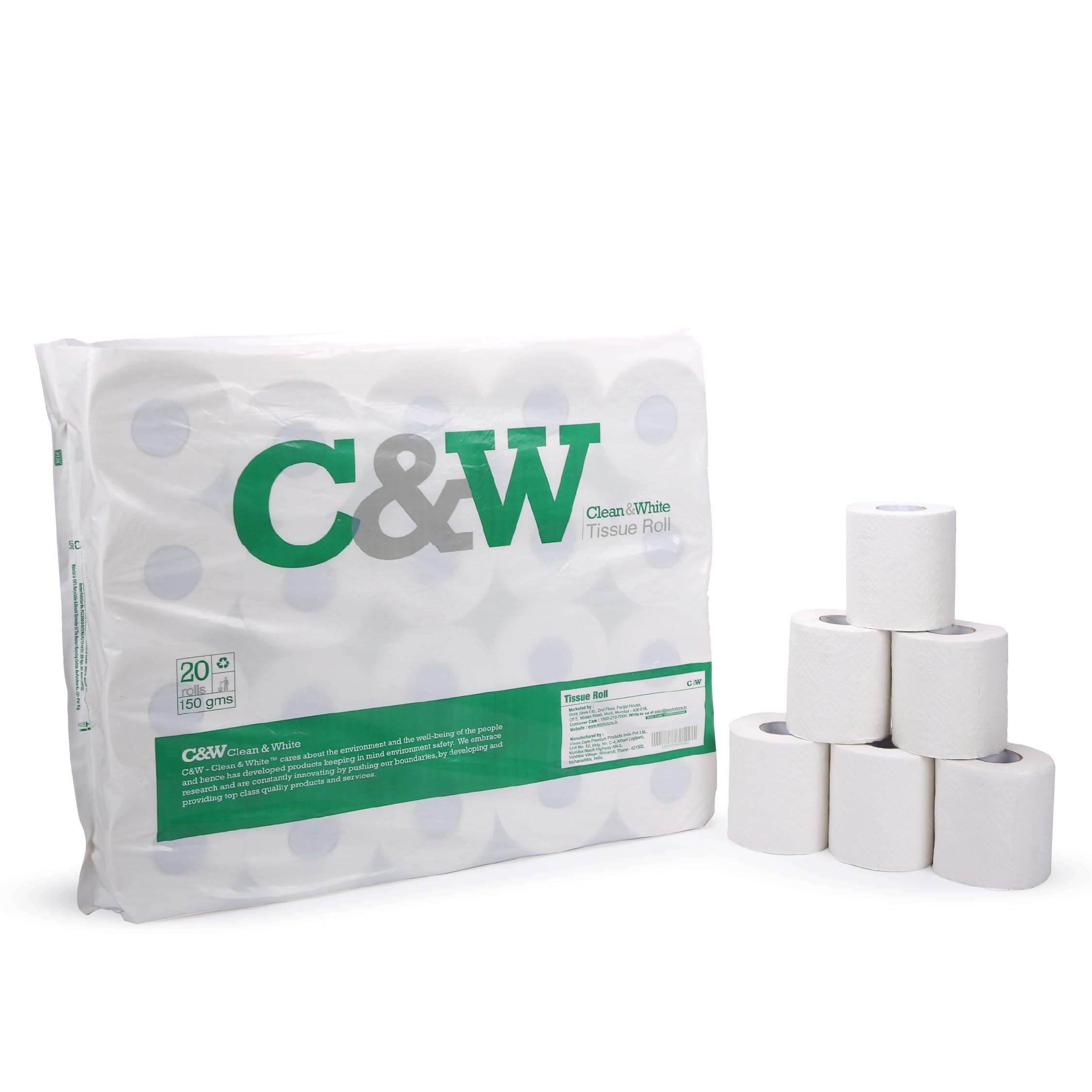 work store C&W Clean & White 2 Ply Eco-friendly Toilet Tissue Paper Roll - Pack of 20 Tissue Sheets (Size 10x11 cms, 150 gms), 150 Pulls | Improved comfort, Softness & High Absorbency