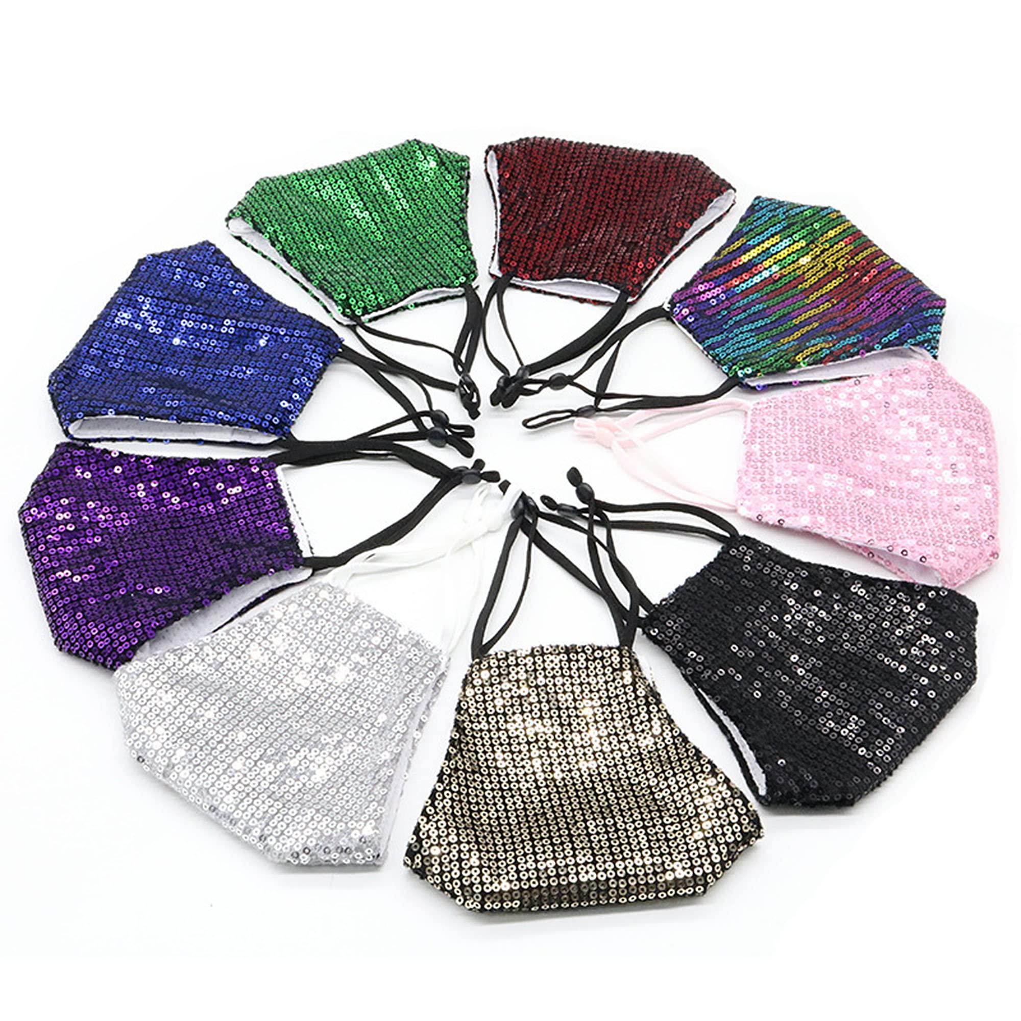 MLGDA Sparkly Sequins Mouth Masc Fashion Designer Glitter Cotton Face Cover With Adjustable Ear Loops Reusable Masquerade Party Nightclub Rave Festival Sequins Face Covering (Purple)