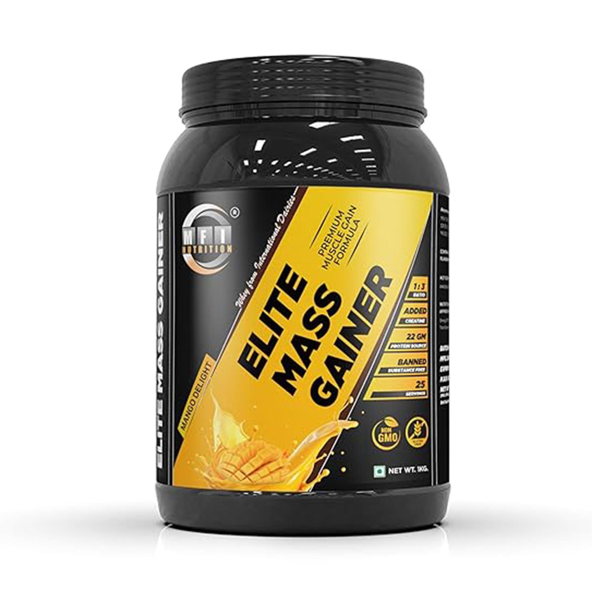 MFI NUTRITION MFI NUTRITION Elite Mass Gainer | 25 Servings | Ratio 1:3 Carbs to Protein | 22g Protein per Serving | Banned Substance Free | Ideal for Muscle Gain | Supports Recovery (1 KG, Mango Delight)