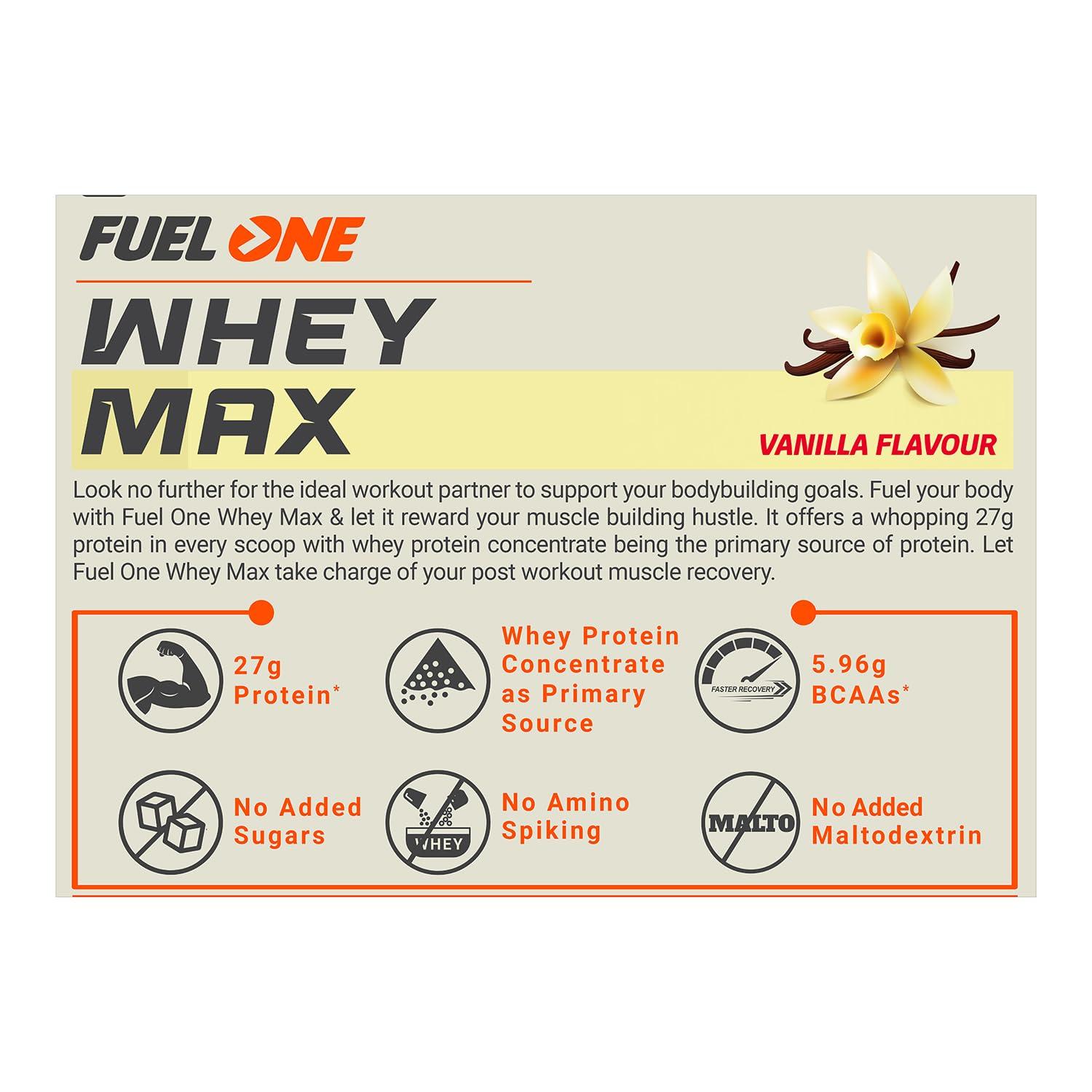 FUELONE FUELONE Whey Max (Vanilla, 1kg / 2.2lbs), 27g Protein | Whey Protein Concentrate & Whey Protein Isolate