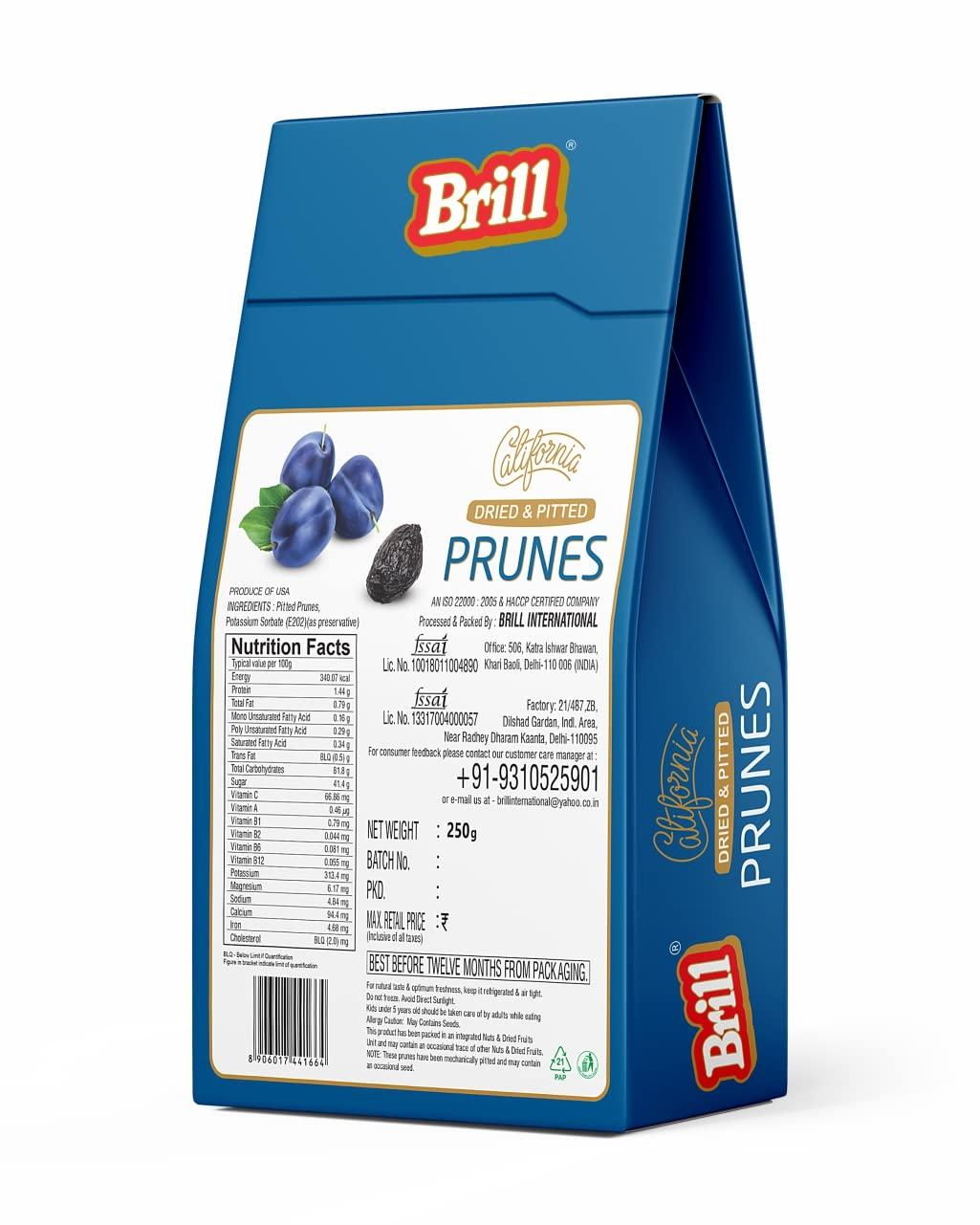 Brill Brill Dried California Prunes 250g | High in Antioxidants & Slows the Ageing Process | Source of Vitamin C and K | Pitted Prunes California Prunes | Nutritious and Healthy Snack