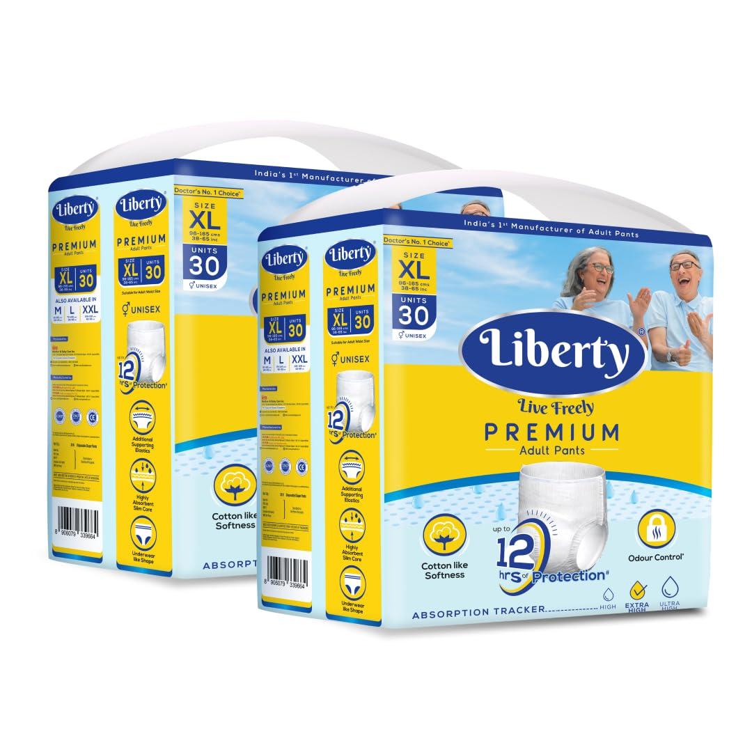 Liberty Liberty Premium Adult Diaper Pants, Extra Large (XL) 60 Count, Waist Size (96-165cm | 38-65 inches), Unisex, Leak Proof, Extra Elastics, High Absorbency, 12 Hrs protection, Pack of 2, 30 count/pack