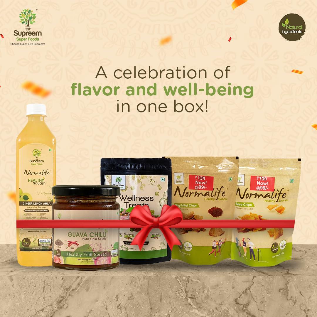 SSF Supreem Super Foods Supreem Super Foods Normalife Ragi Millet Chips 100 gms + Soya Chips 100 gms + Wellness Treats Candy Pack 48 pcs + Ginger Lemon Squash 700 ml + Guava Chilli Spread 200 gms | Festive Gifting Combo