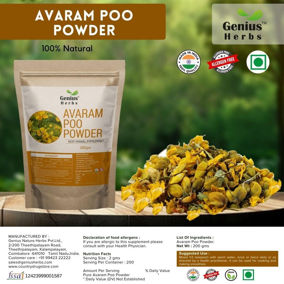 Genius Herbs Genius Herbs Avarampoo Powder 200g | | Tarwar | Aavaram | Senna auriculata | Tangedu Flower Crushed | Pack of 1