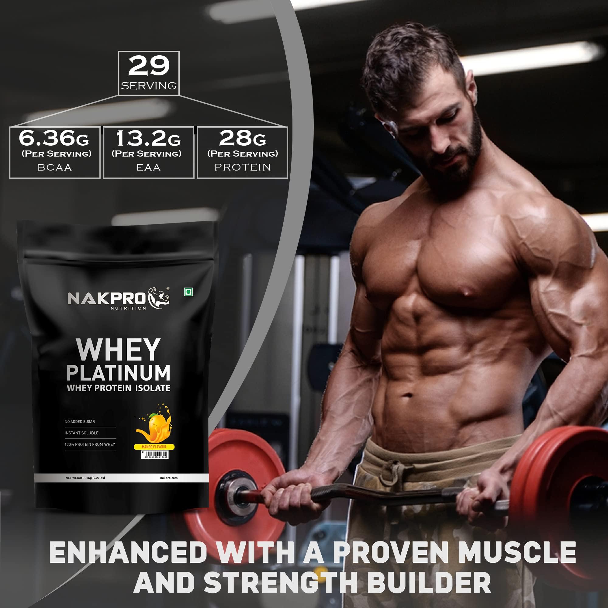 NAKPRO NAKPRO Platinum Whey Protein Isolate 1kg Mango | 28g Protein, 6.4g BCAA | Trustified Certified 100% Authentic Supplement Powder & No Adulteration | Low Carbs, Fast Absorbing Whey Protein Powder