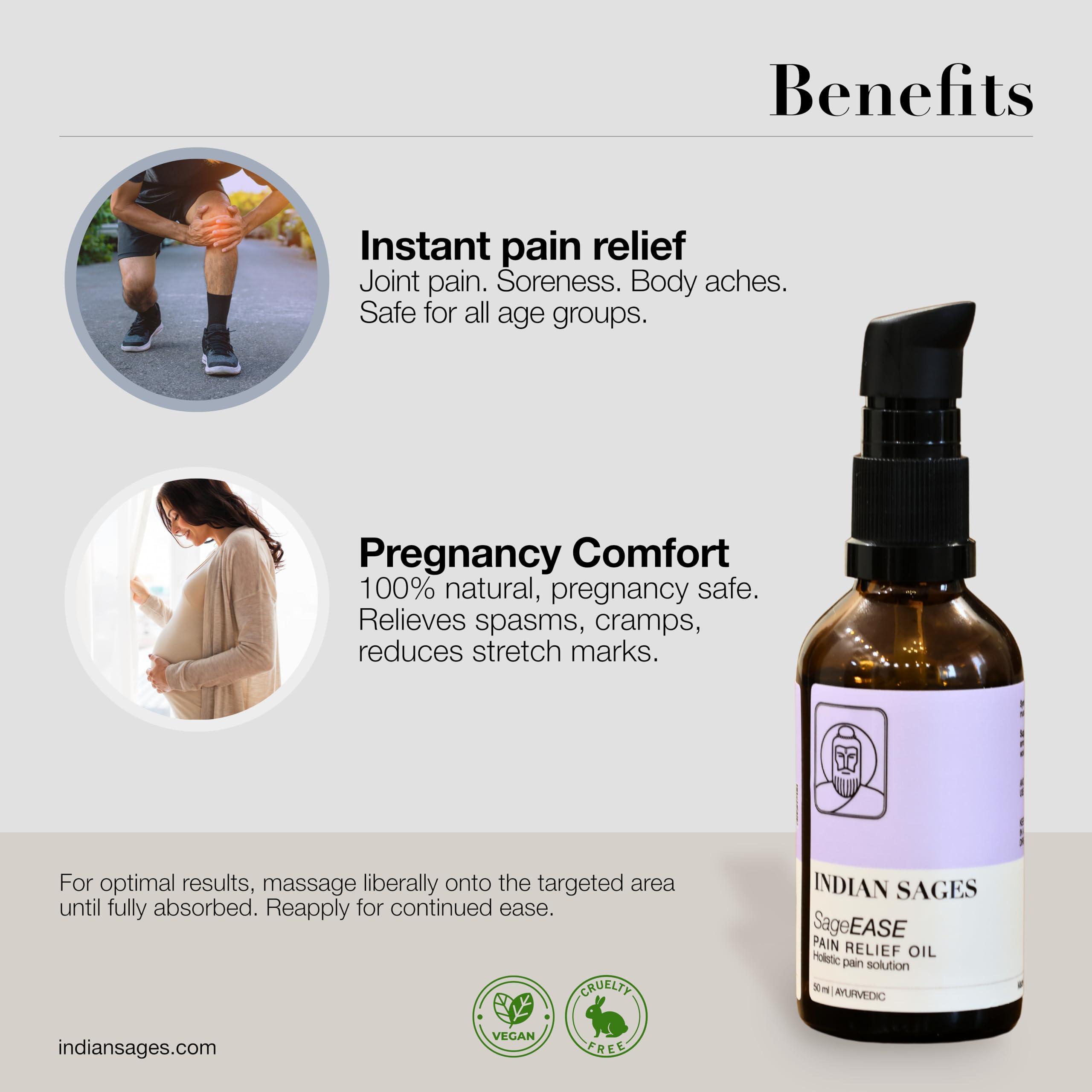 Indian Sages Indian Sages SageEASE Joint Pain Relief Oils - Ayurvedic Pain Oil for Joints, Knees, Back and Arthritis | Highly Effective for Pre And Postnatal Muscle Spasms | Organic | Made In India | 50ml