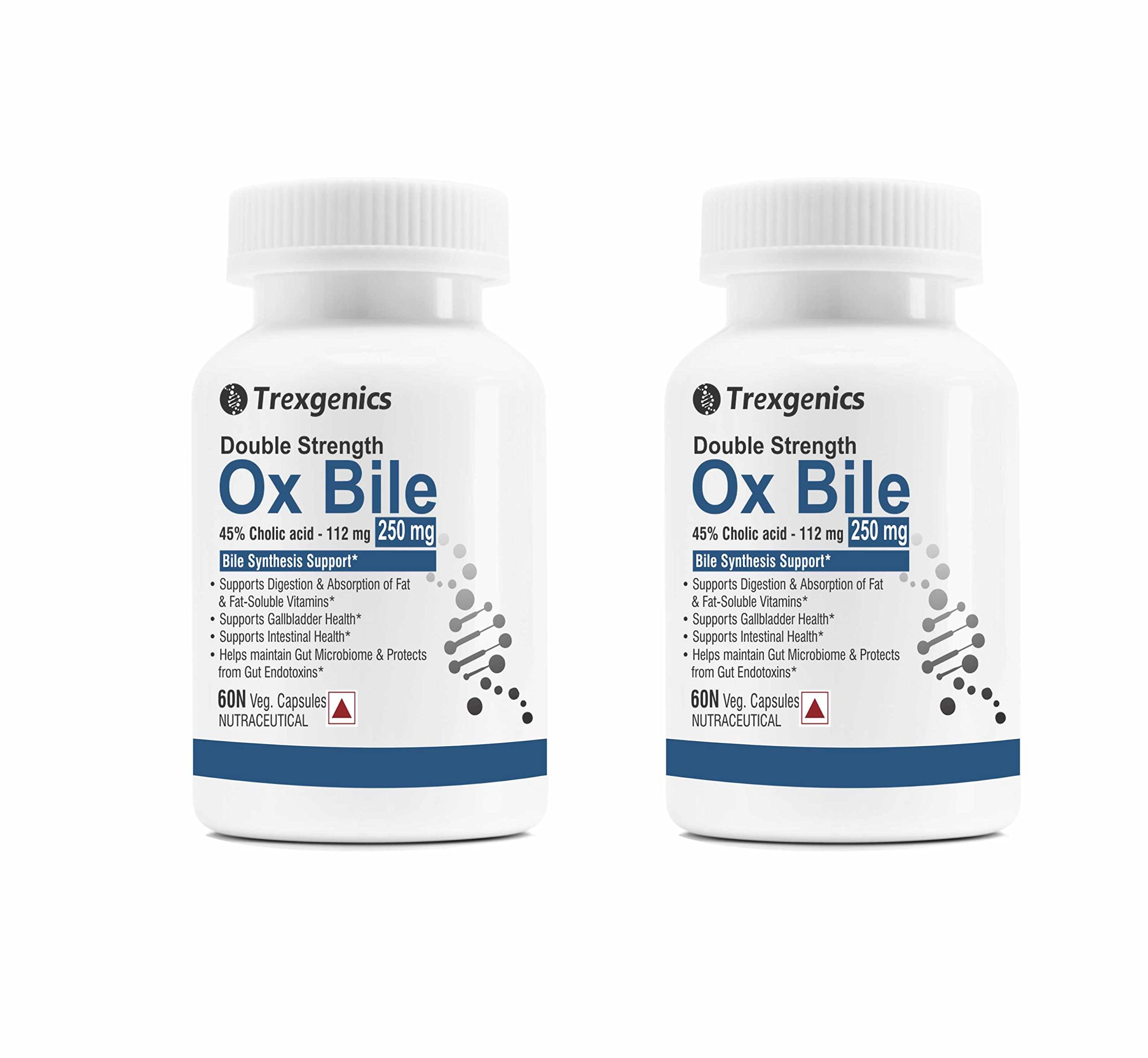 Trexgenics Trexgenics BILE EXTRACT 250 mg 45% Cholic acid DOUBLE STRENGTH Bile Synthesis Support (60 Vegan Capsules) (Pack of 2)
