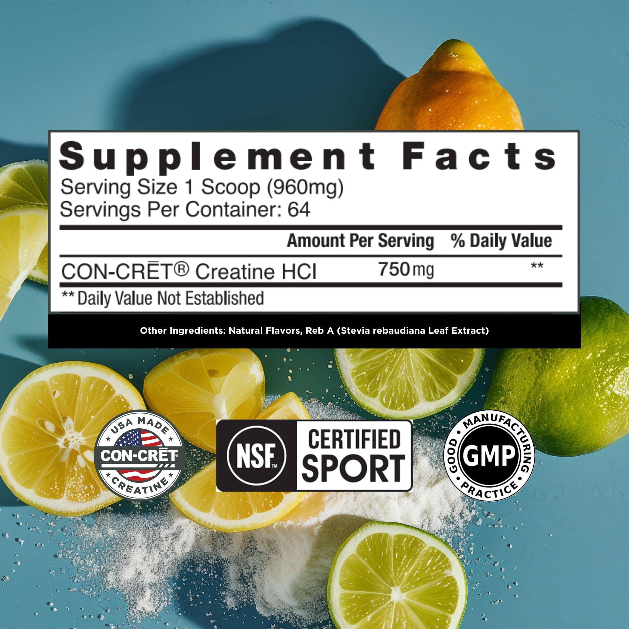 CON-CRET CON-CRET Concentrated Creatine HCL - supports Muscle, Cognitive, Cellular Energy | No Bloating or Cramps | USA Made & NSF Certified | 60 Micro-dosed servings | Lemon Lime Flavour (57.6gms)