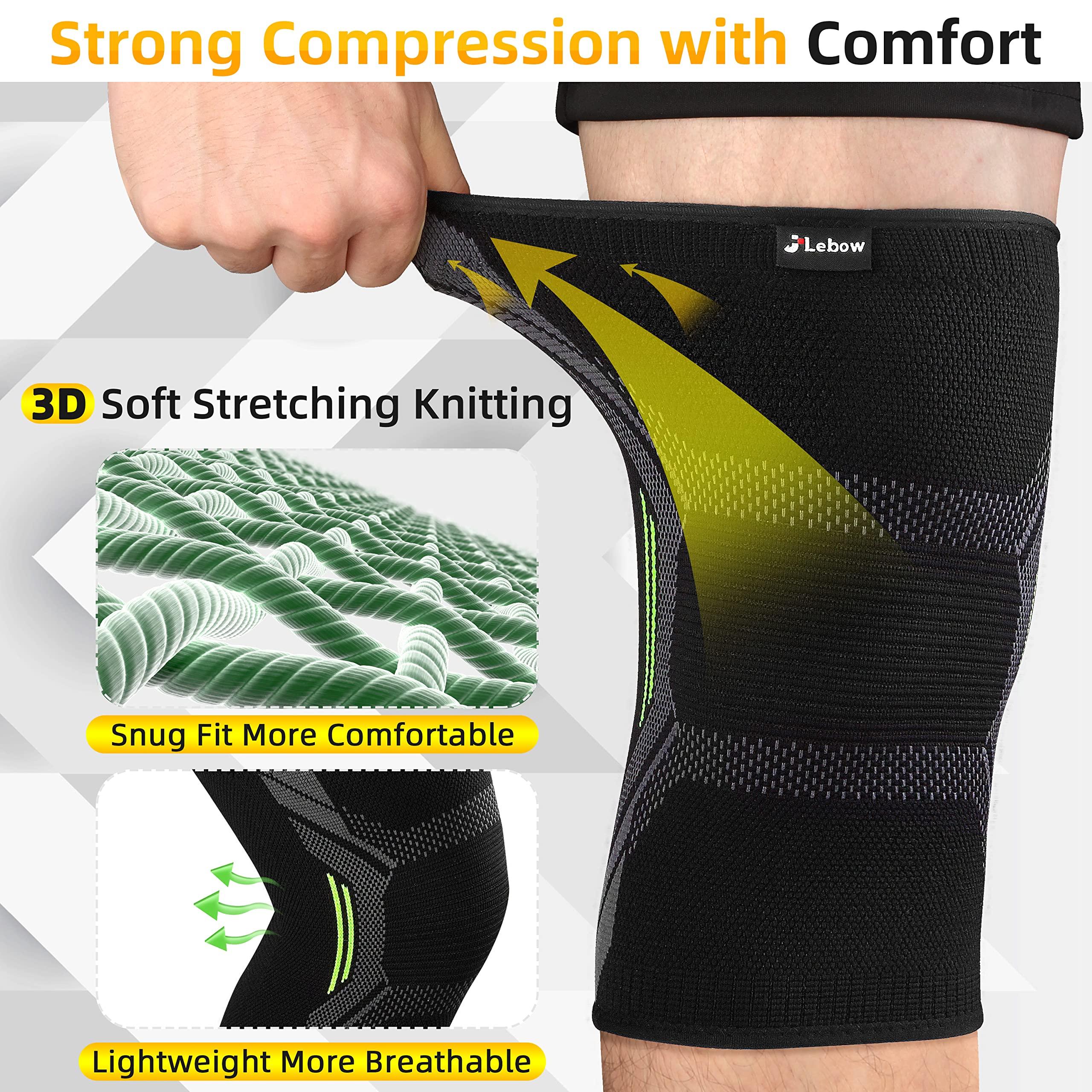 JLebow 2 Pack Knee Braces Sleeves for Knee Pain Knee Support Women Men - JLebow Compression Knee Brace for Working Out, Running, Gym, Fitness, Weightlifting High Stretch Knee Pads for Meniscus Tear, ACL, Arthritis, Joint Pain (Black, X-Large)