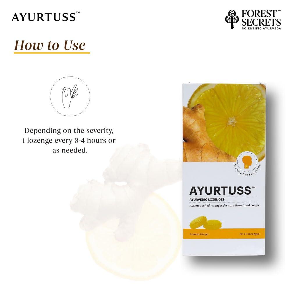 FOREST SECRETS Forest Secrets Ayurtuss Ayurvedic Lozenges| Sore Throat & Cough Relief| For Itchy Throat| Lemon Ginger - 20 X 6\'S