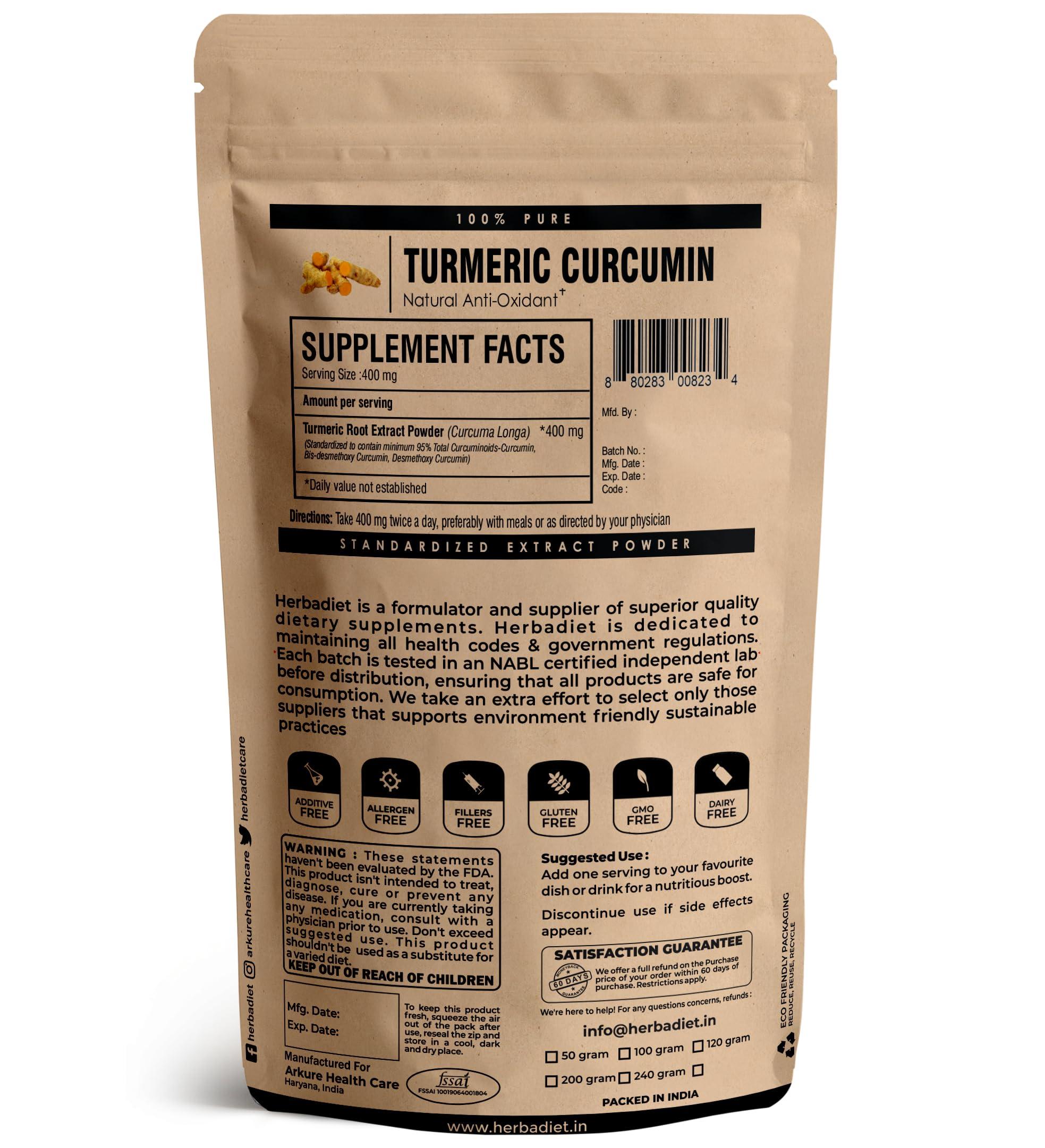 Herbadiet Herbadiet Turmeric Curcumin 95% Curcuminoids|50 Gram|Pure Turmeric Root Extract Powder|Tumeric Curcuma Longa,Rich In Antioxidants