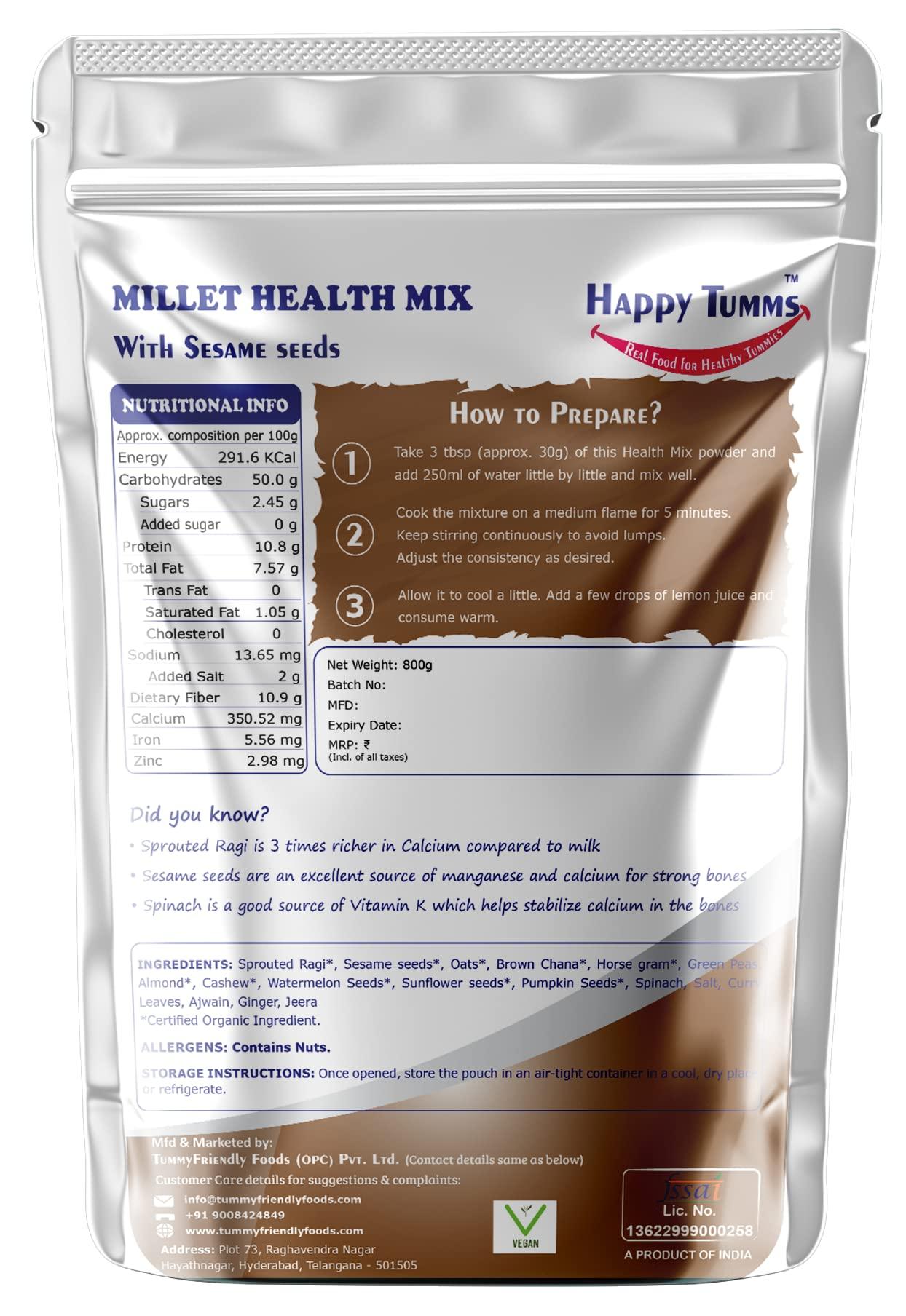 Happy Tumms Happy Tumms Millet Health Mix with Sesame Seeds | Multi Millet Health Mix Powder for Kids | Millet Health Mix Powder for Adults Organic | Natural Ingredients | Sprouted Ragi, Sesame Seeds and Curry Leaves for Calcium | 800 g