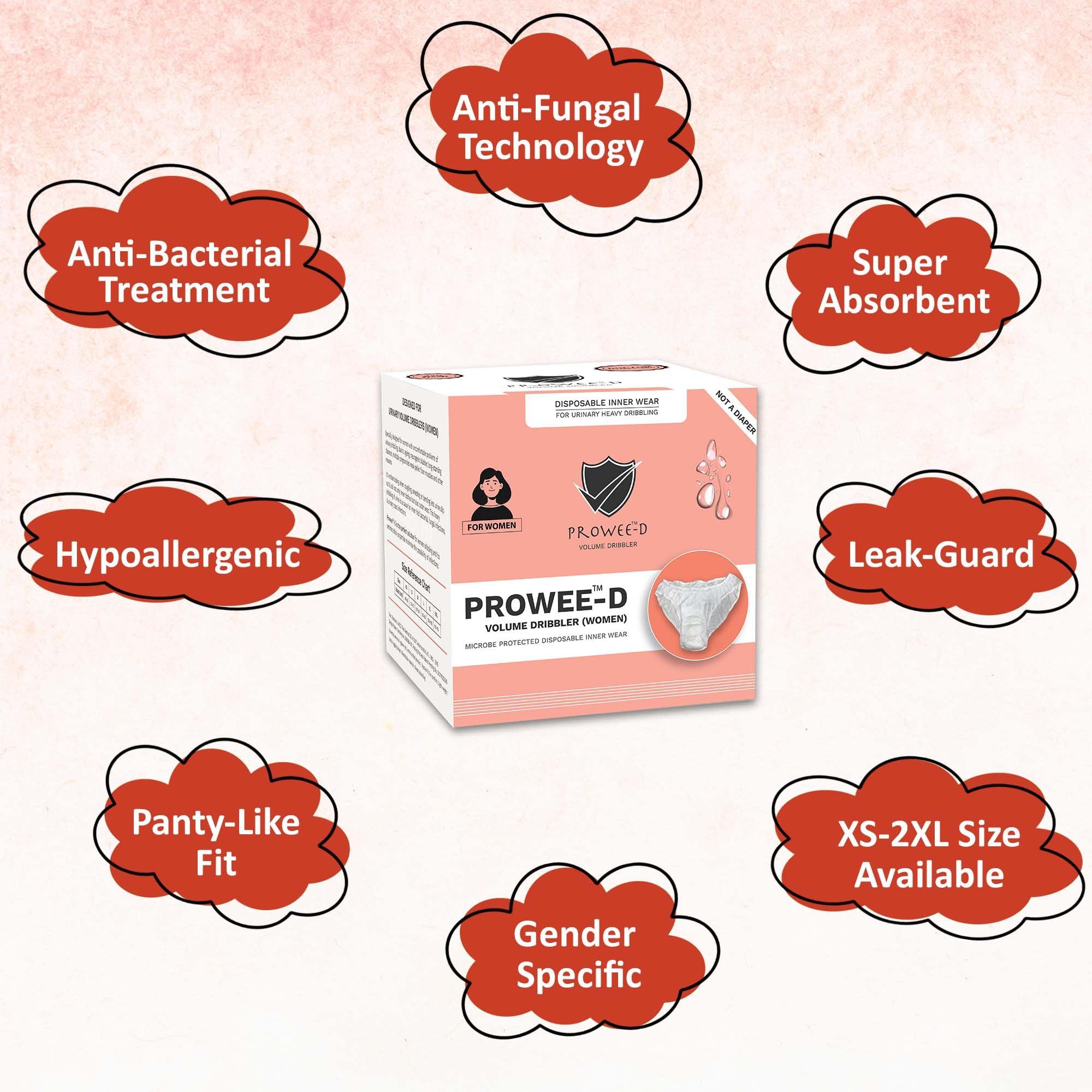 PROWEE Prowee Women Disposable Briefs for Incontinence Protection | Pre-fitted with Absorbent Pad for High Flow | Prevents Rashes & Infection -Pack of 5, Size - M.