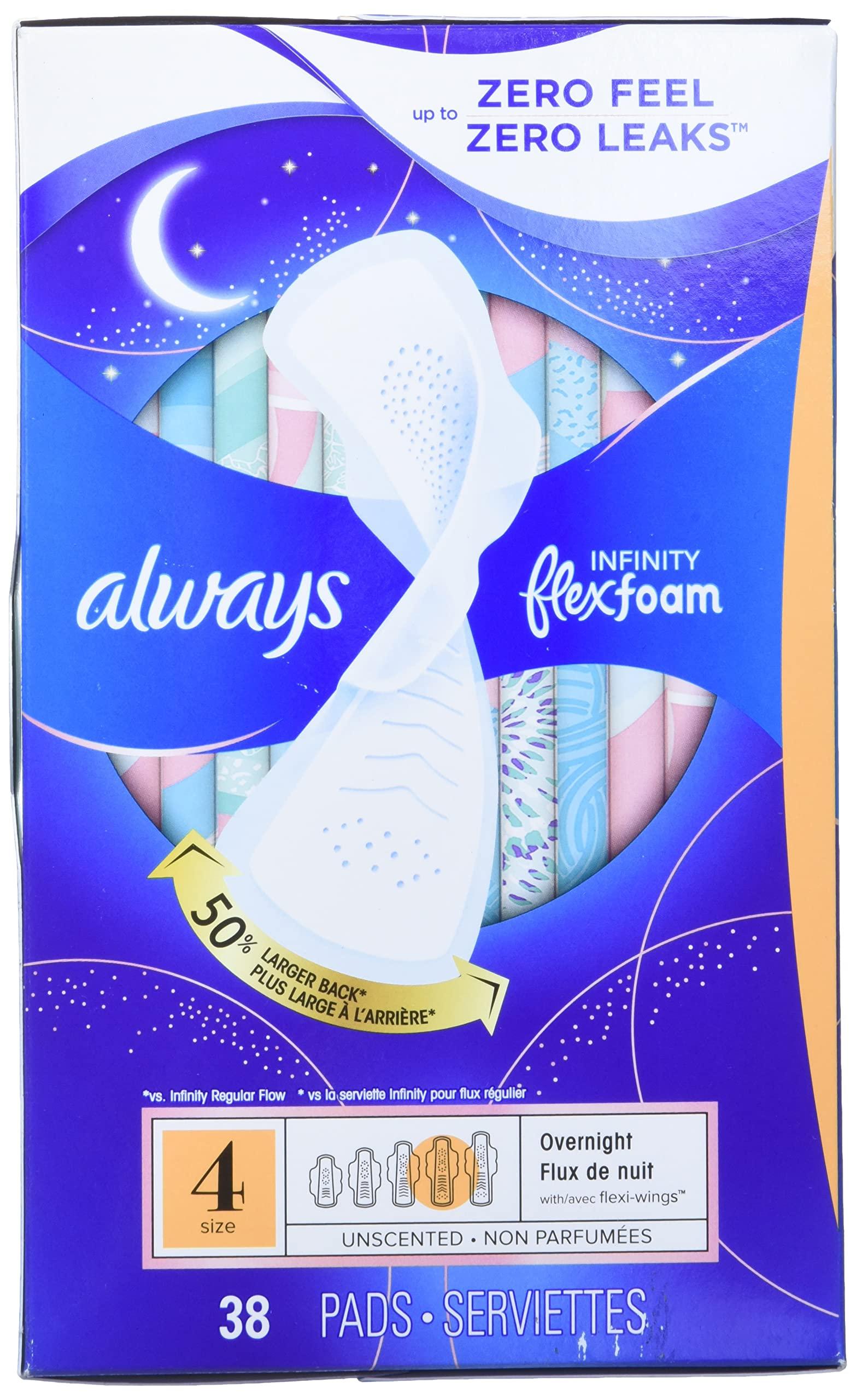 Always Always Infinity Size 4 Overnight Sanitary Pads with Flexi-Wings Wings, Unscented - 38 Count