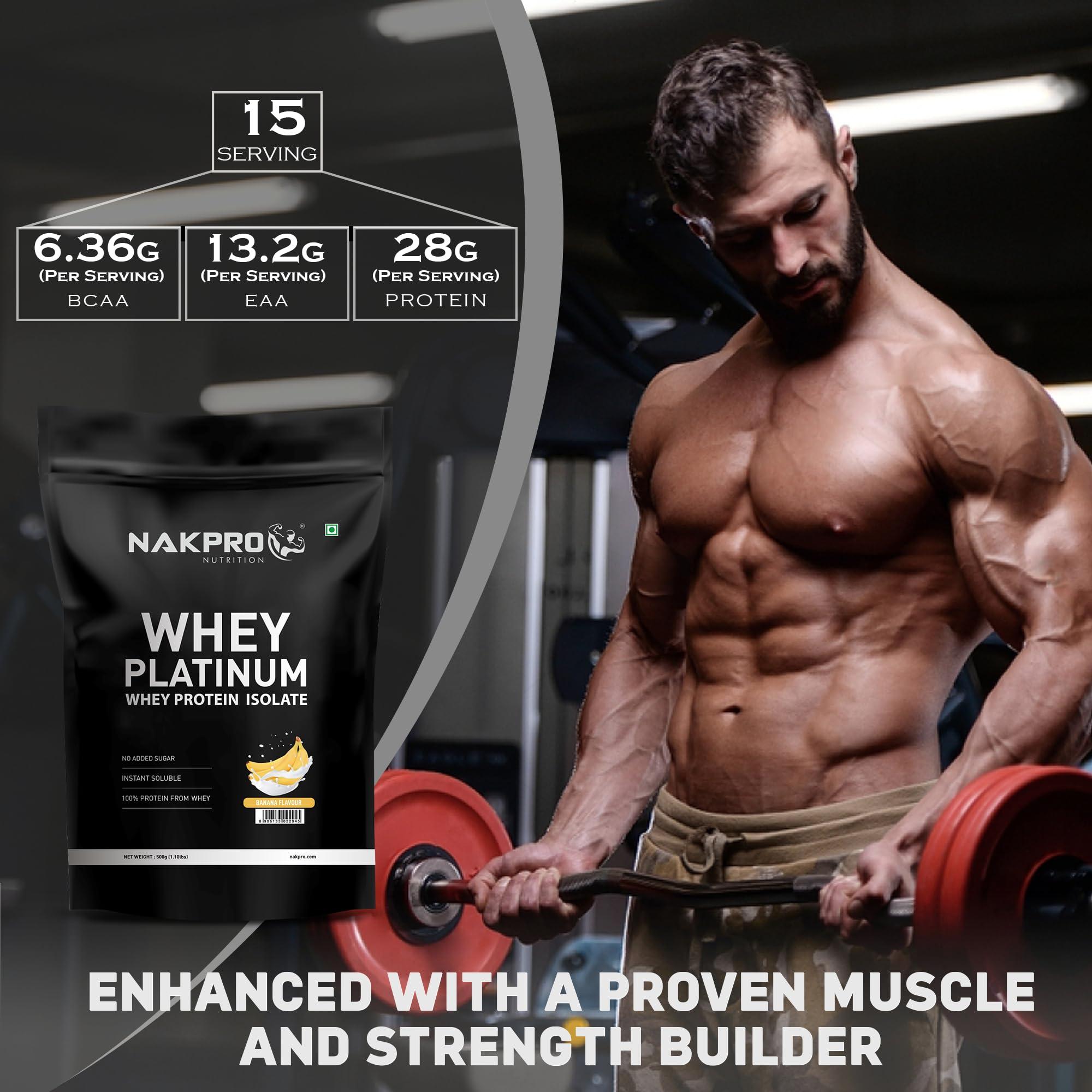 NAKPRO NAKPRO Platinum Whey Protein Isolate 500g Banana | 28g Protein, 6.4g BCAA | Trustified Certified 100% Authentic Supplement Powder & No Adulteration | Low Carbs, Fast Absorbing Whey Protein Powder