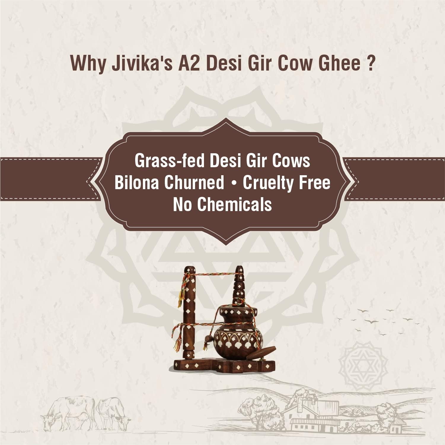 JIVIKA NATURALS Jivika Premium A2 Gir Cow Ghee 250ml | Vedic Bilona Method | Lab Tested | Pure Desi Cow Ghee | Hand Churned Two-way Direction | Churned from Curd | Pure Ghee | Danedar | Glass Jar