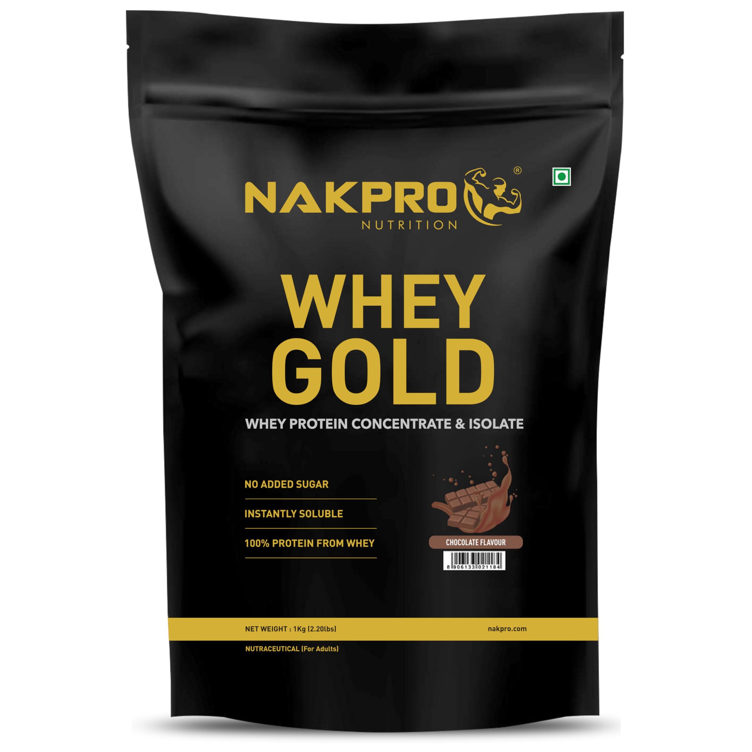 NAKPRO NAKPRO Gold Whey Protein Concentrate & Isolate 1kg Chocolate | 25.5g Protein, Trustified Certified Supplement Powder | Fast Absorbing Whey Protein Powder