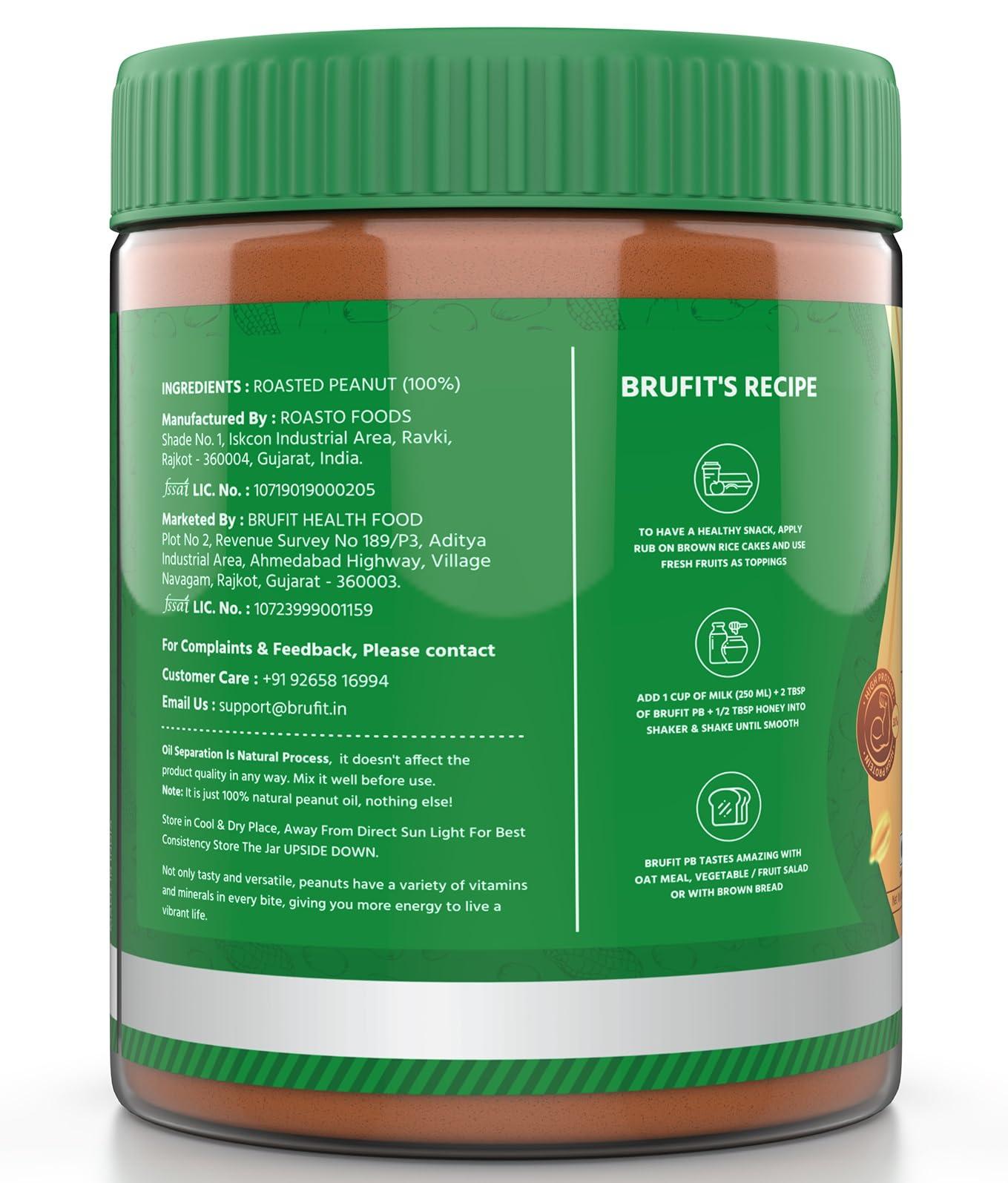 Brufit BruFit Natural Peanut Butter | 30g Protein | Unsweetened Healthy Nut Butter Spread with NO added Sugar | No-Cholesterol & Gluten | Zero Tans Fat | Creamy Peanut Butter (420 g)