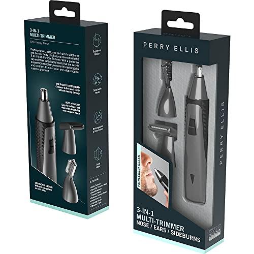 Perry Ellis Perry Ellis Rechargeable Ear and Nose Hair Trimmer for Men, 3 Detachable Heads for Sideburn, Eyebrow, Nose, Ear, Beard Trimmer for Men, Mens Grooming Kit, Detailer, Eye Brow Trimmer for Men