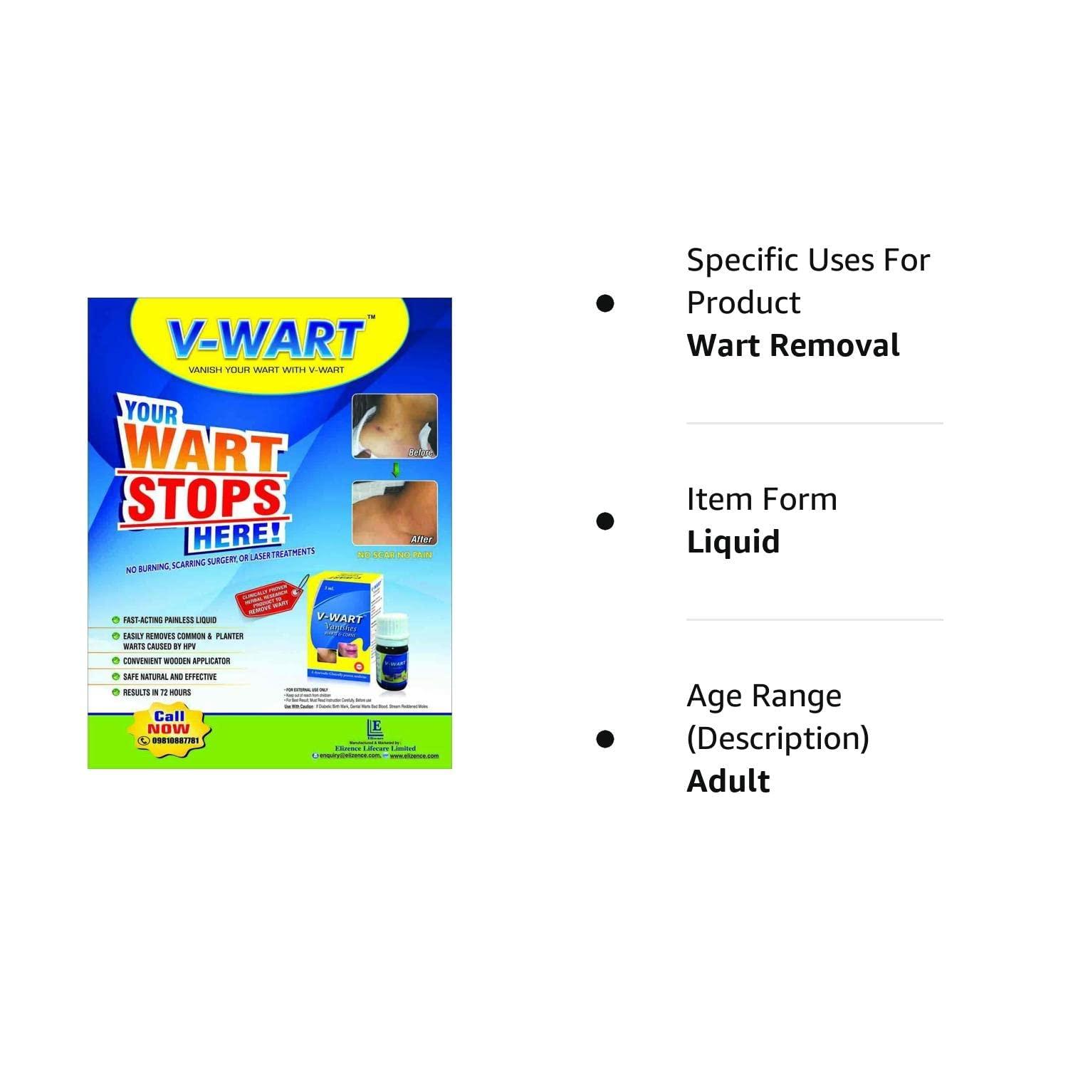 VWART VANISHES WARTS &CORNS V-Wart Remover Liquid Rapidly Eliminates Both Plantar and Common Warts | Advanced Natural Formula | massa remover Liquid Form for skin | skin tag remover | Instant Wart remover Liquid for wart Free Skin for man or women with Wooden Applicator (3 ML)-