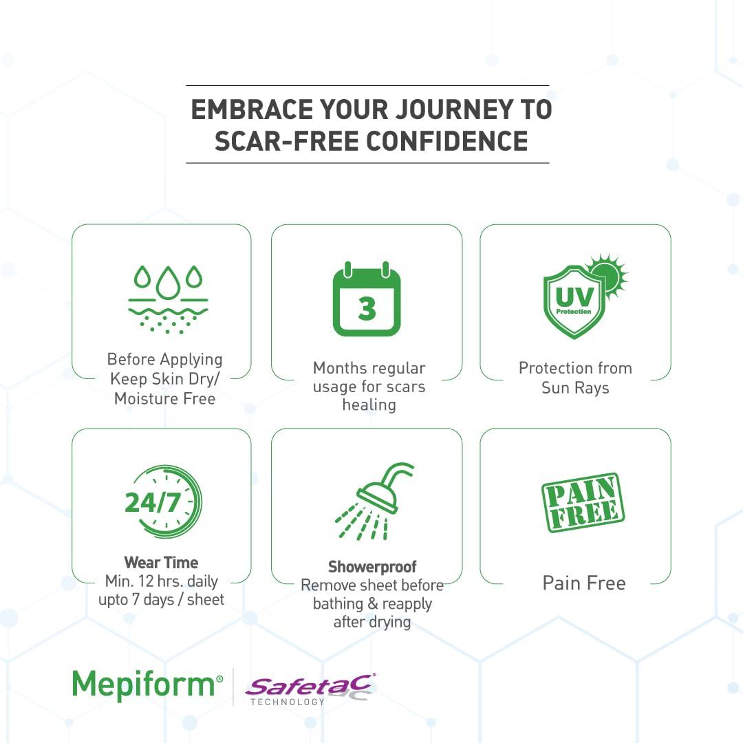Mepiform Mepiform Resizable Scar Removal Silicone Gel Sheet Tape, upto 14 days or more pack, small scar heal patches for Keloid, C Section, Tummy, Acne scars, Surgery, Burns, alike Scar Cream Gel, 5x7.5 cm