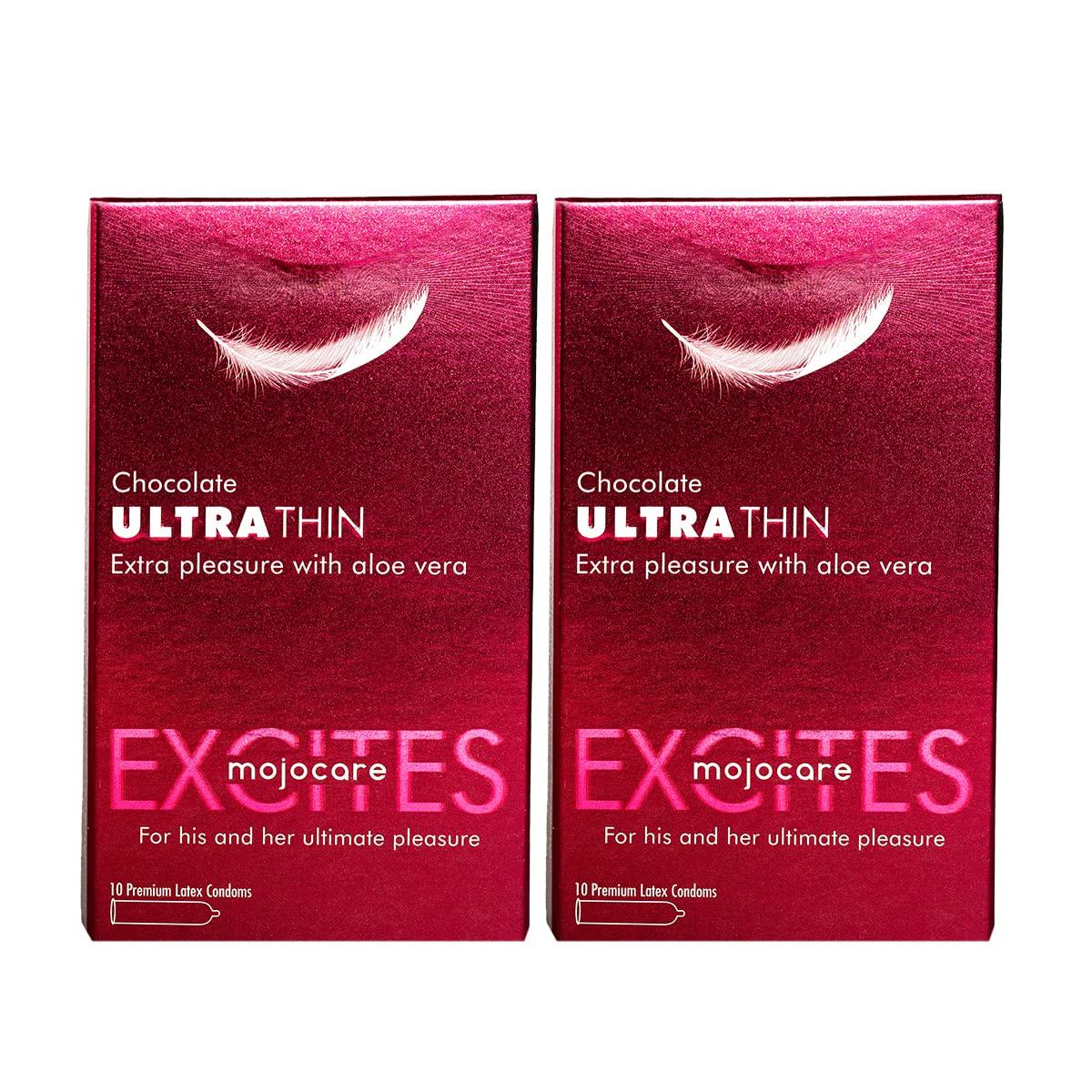 Mojocare Mojocare Excites Ultra Thin Chocolate Flavoured Condoms - 10 Sheets | Ultra Thin for Natural Feel & Extra Comfort | Extra Lubrication | Chocolate Flavor | 100% Natural Rubber Latex | Pack Of 2