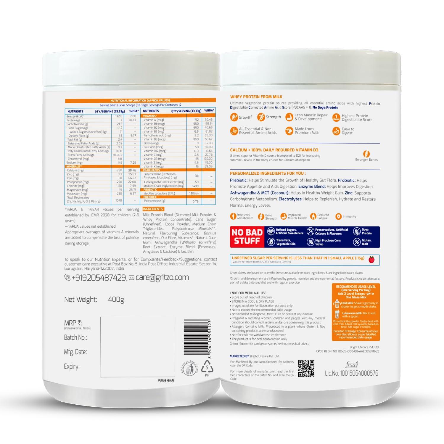 Gritzo Gritzo SuperMilk Weight+ (7-12y), 7g Protein Powder (Double Chocolate, 400g) | Zero Refined Sugar, 21 Vitamins & Minerals