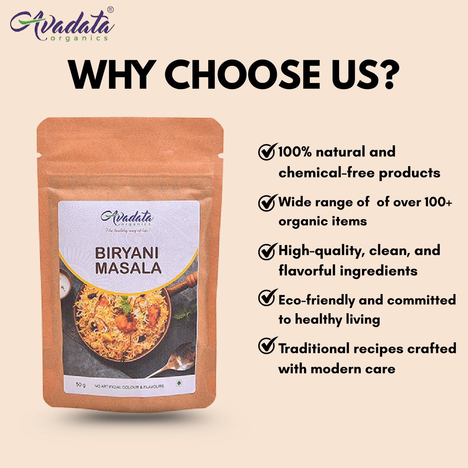 AVADATA ORGANICS - The healthy way of life Avadata Organics Biryani Masala - 50gm Hyderabadi Style| Unique Blend of Spices for Earthy Aroma & Rich Taste | Spice for Regional & Traditional Recipes | Hygienically Packed | No Preservatives (Pack of 3)