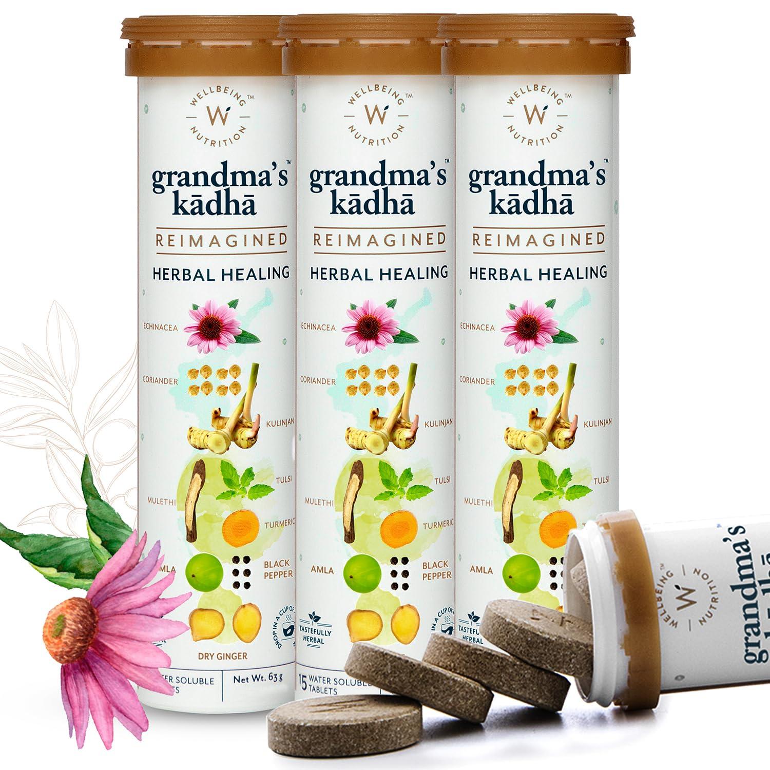 WELLBEING NUTRITION Wellbeing Nutrition Grandma's Kadha -Ayurvedic Natural Immunity Booster | Ayurvedic Kadha for Immunity, Cold, Cough, Sore Throat & Congestion (60 Effervescent Tablets)