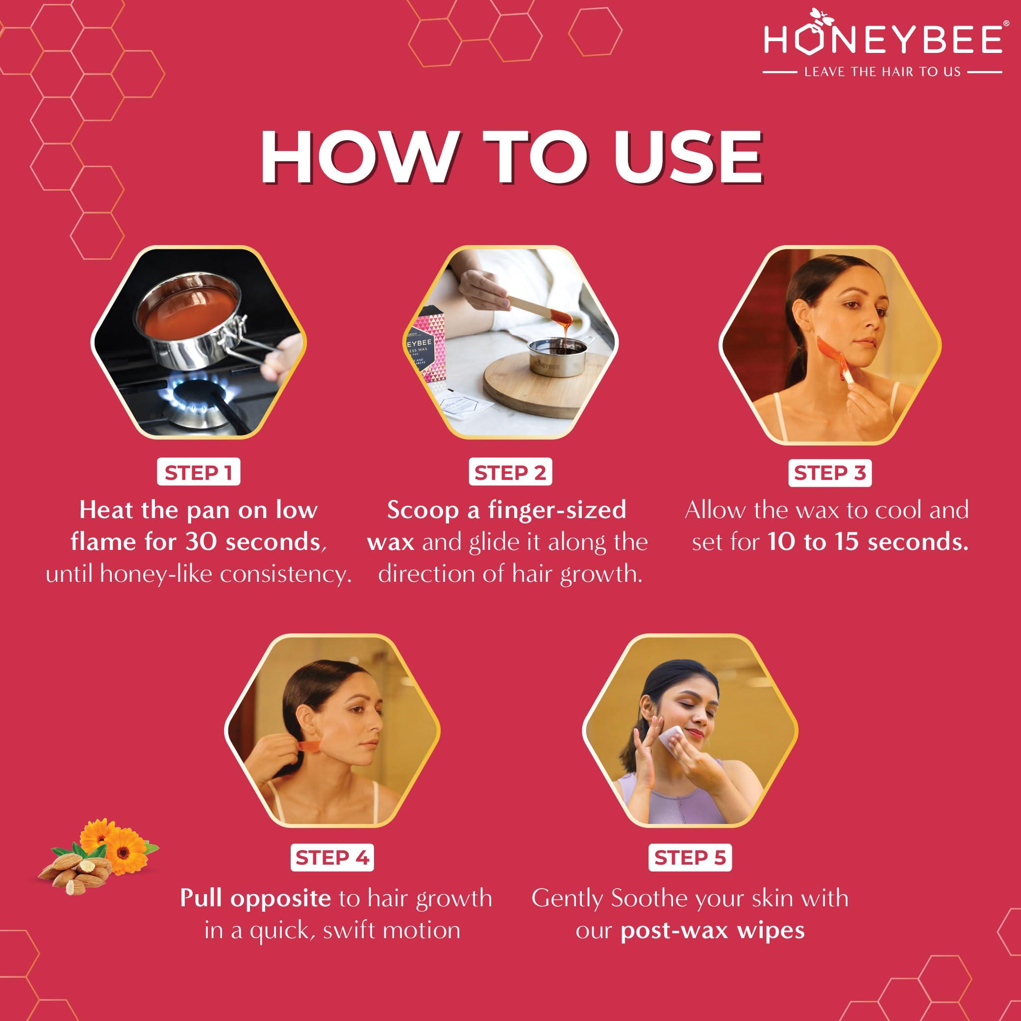 HoneyBee HoneyBee Stripless Katori Wax For Face|Pan Wax With Handle For Face, Upper Lip, Chin, Jaw, Underarms, Bikini And Brazilian|For All Skin Type|No-Strip Wax At Home|Post Wax Wipes|Spatula|120 Gm, Women