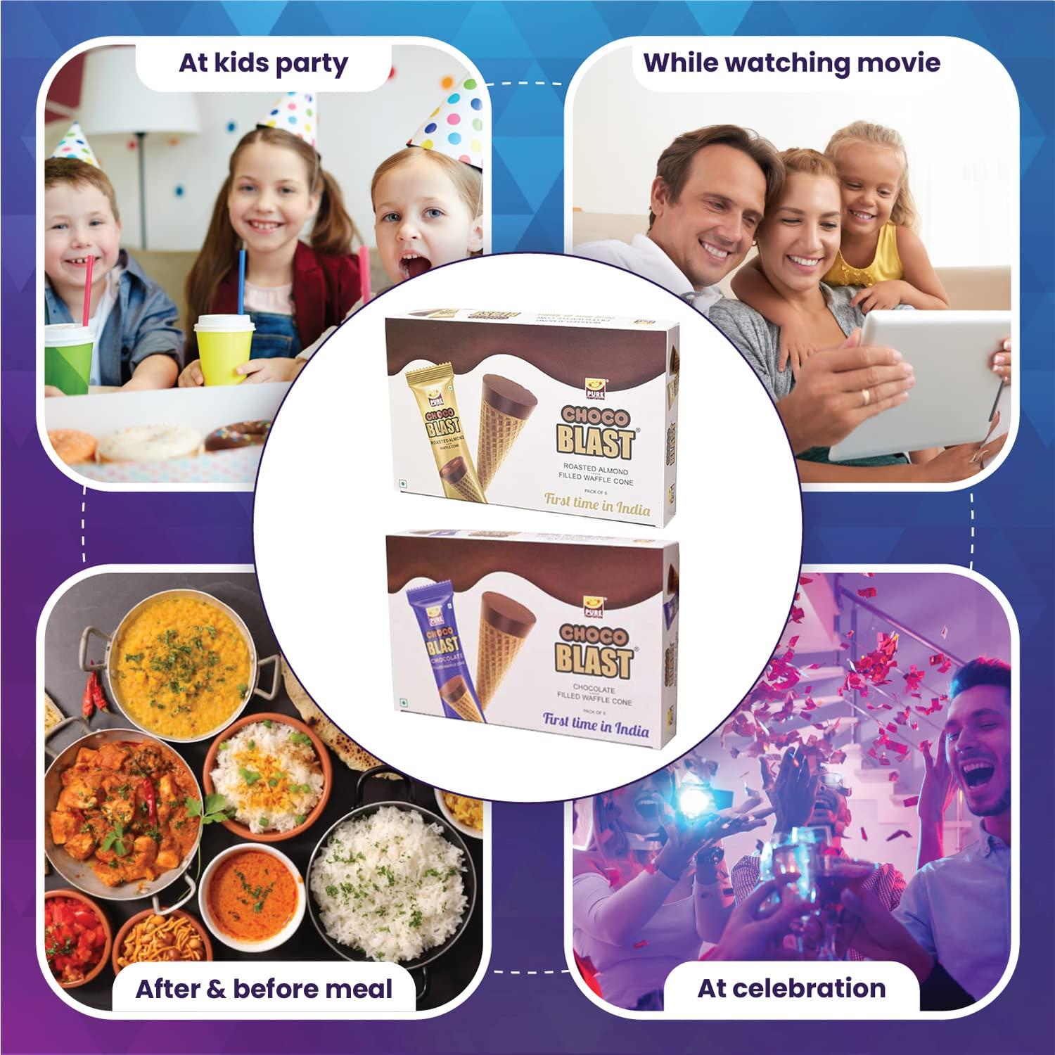 Pure Temptation Pure Temptation ChocoBlast Premium Delicious Chocolate Flavoured Choco Fills Waffle Cones - Chocolate Gift Box - Pack of 10 (Chocolate Pack of 5 + Almond Pack of 5) (Each Box Contains 6 Pcs)