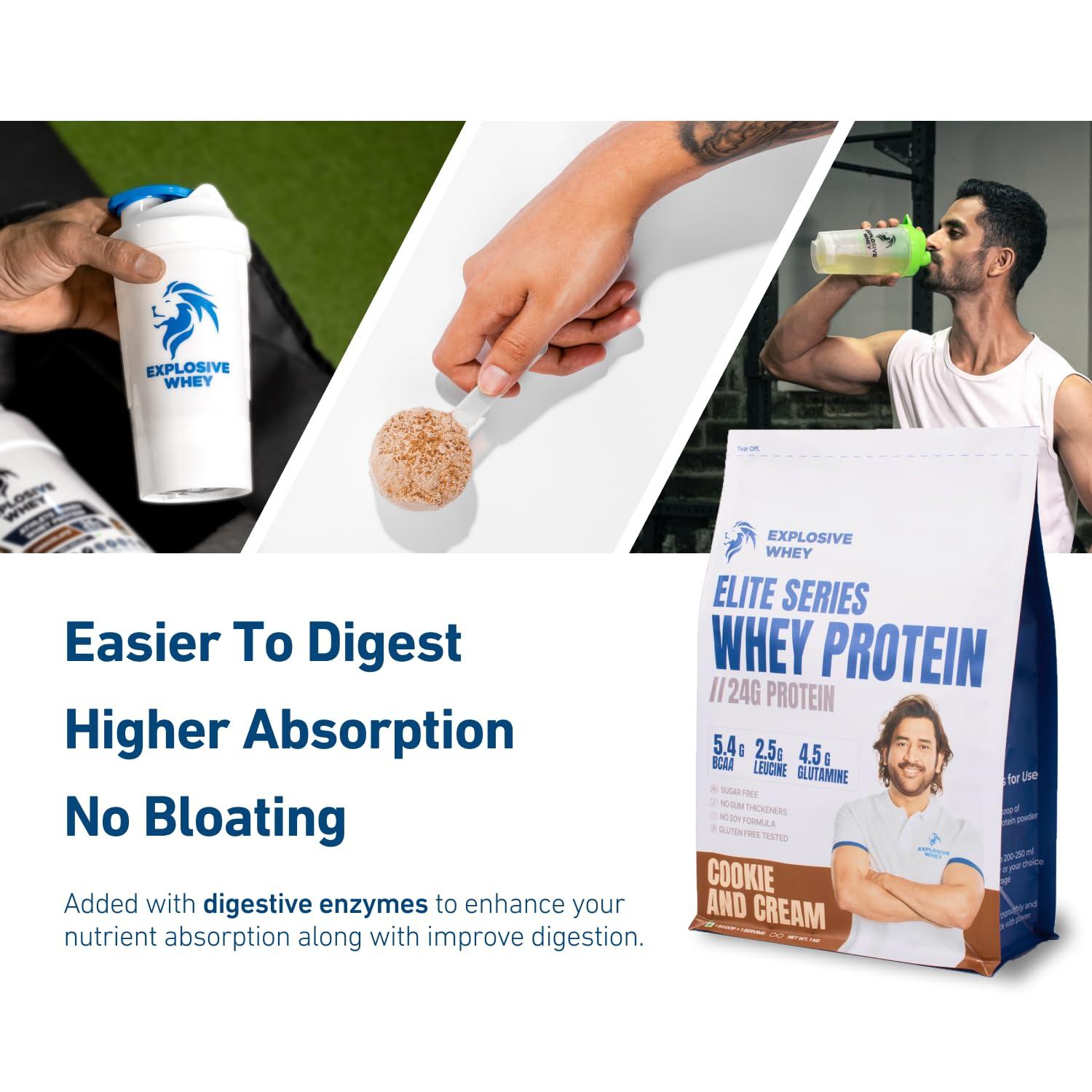 EXPLOSIVE WHEY Explosive Whey Elite Series Whey Protein - Trusted by M.S. Dhoni and Kedar Jadhav | Premium, Concentrate Sport Supplements for Enhanced Muscle Growth and Recovery (30 Servings - 1Kg, COOKIE & CREAM 24g Protein)