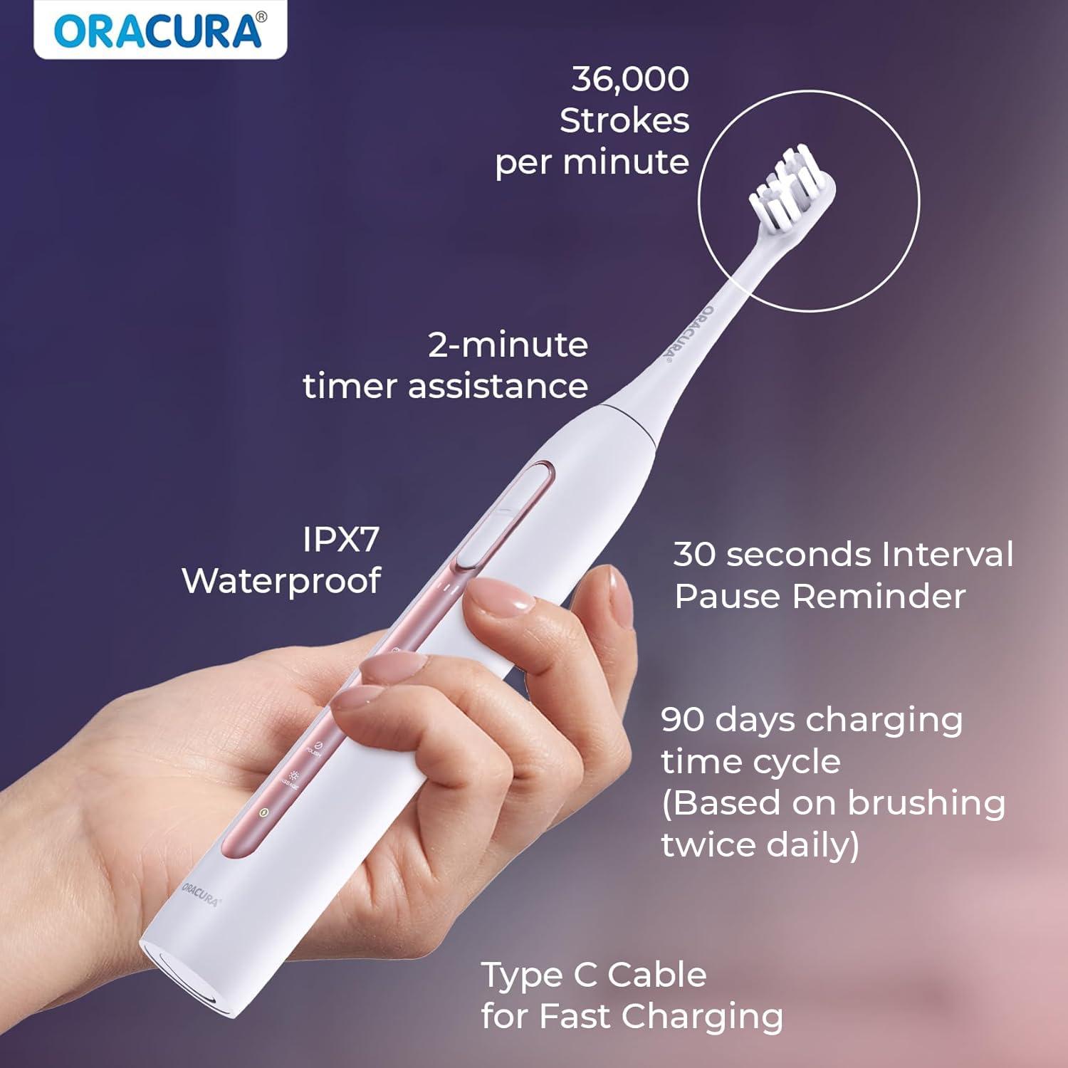 ORACURA ORACURA Sonic Smart Electric Rechargeable Toothbrush SB300| Peach |4 Vibrant Colors| 36,000 strokes/min| With 5 Modes & 3 Intensity Levels| IPX7 Waterproof| 2 Minutes Auto-Timer| 90 Days Battery Life