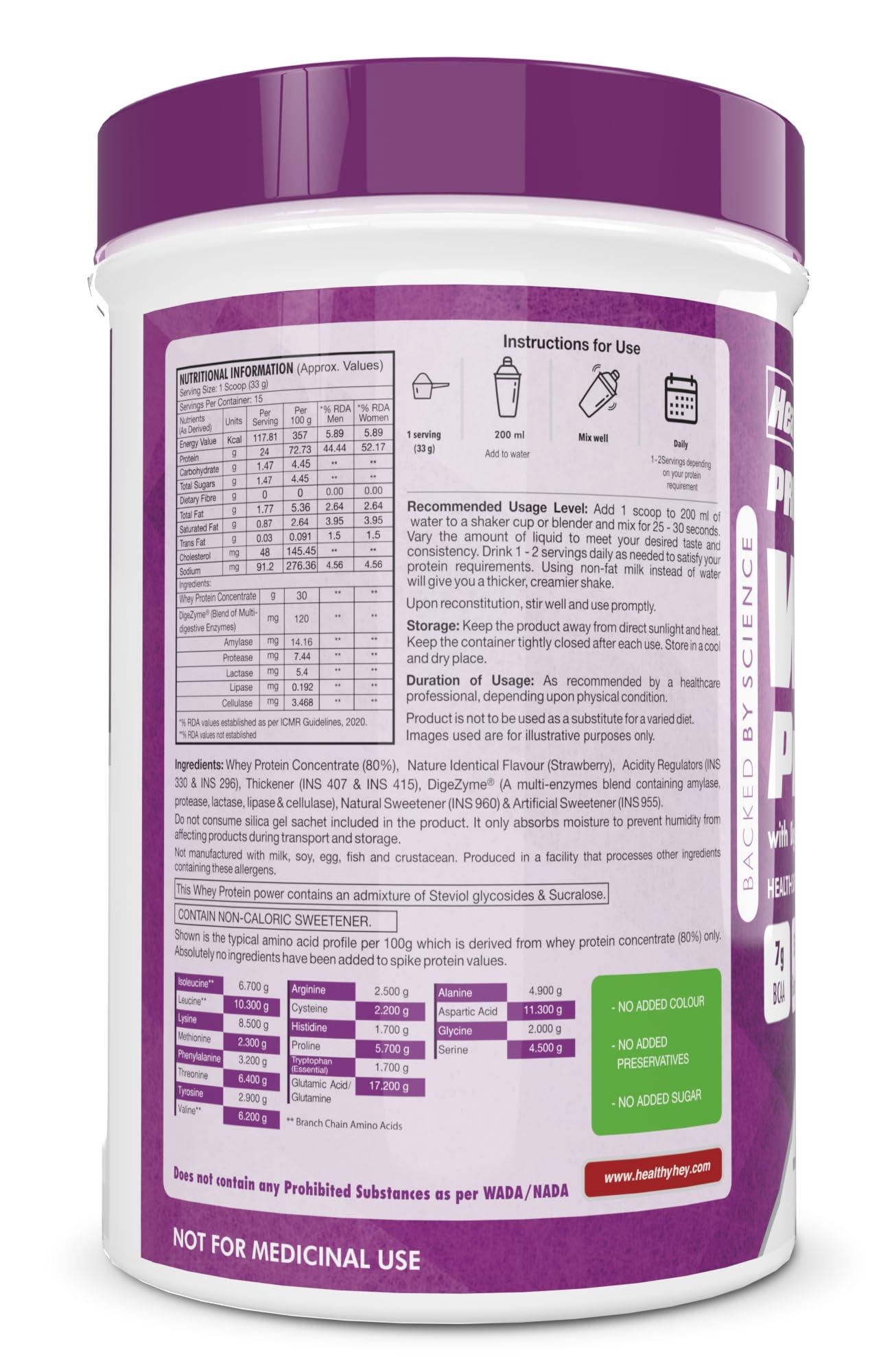 HealthyHey Sports HealthyHey Sports Whey Protein Concentrate - Helps in Muscle Synthesis (Strawberry, 500gm)