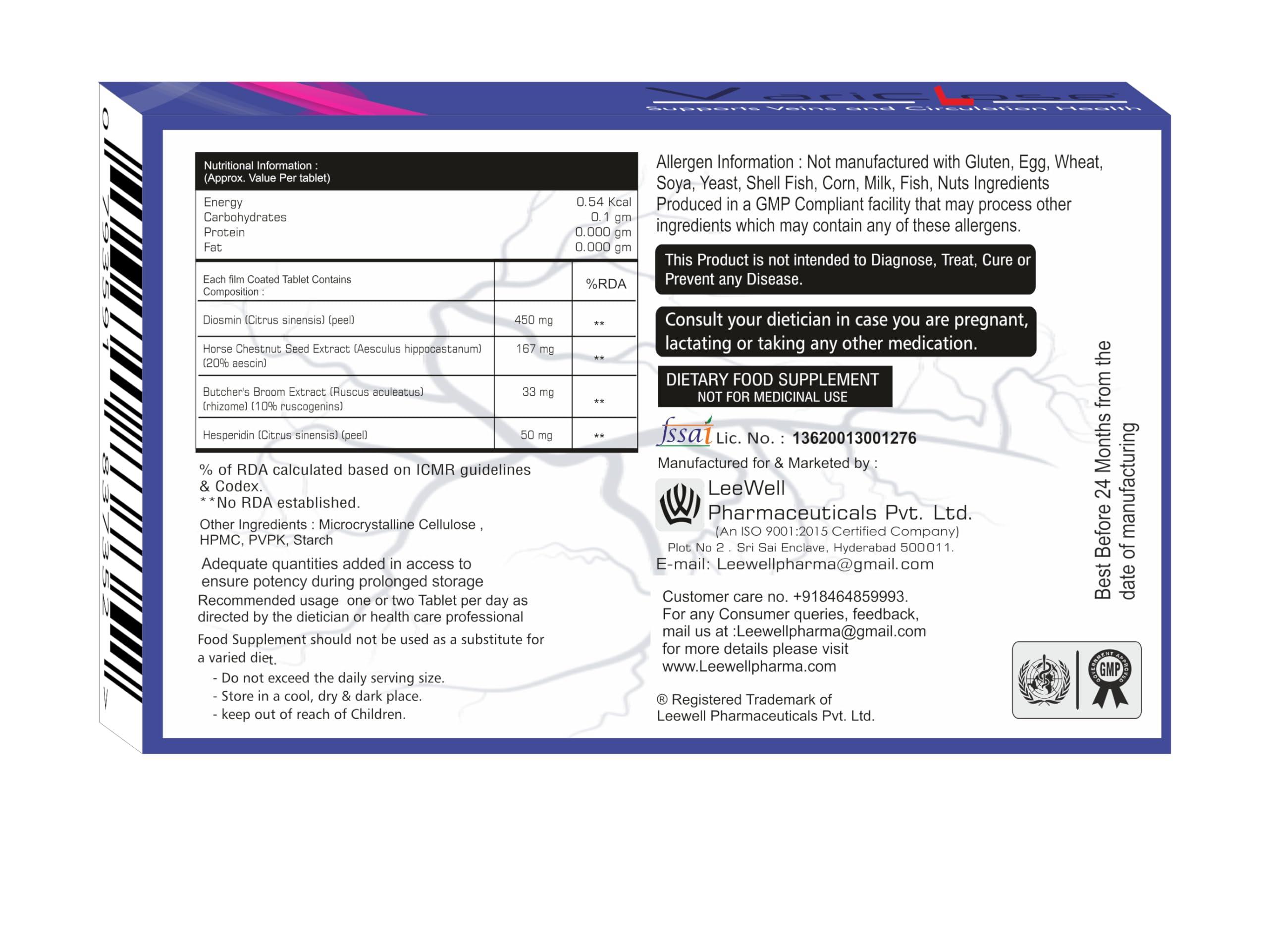 VARICLOSE Variclose Varicose Vein Support | Restless Legs Circulation Flow, Cramps, Twisted, Enlarged, Discolored Veins Aid | Diosmin, Hesperidin, Horse Chestnut extract (Aescin), Butcher\'s broom extract (Ruscogenins) - 30 Tablets (Leewell Pharma)