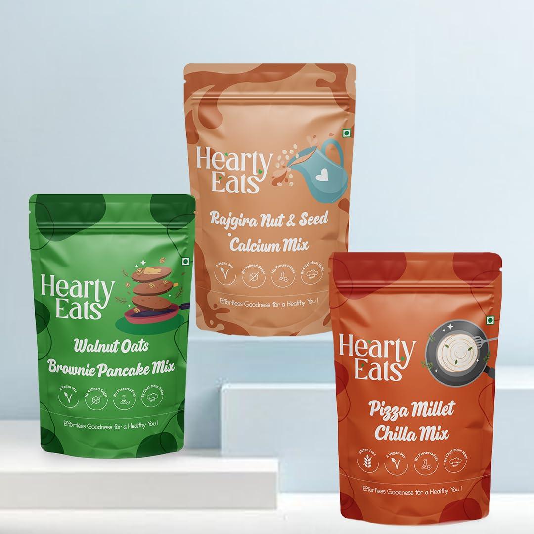 Hearty Eats Hearty Eats Healthy Breakfast Combo Walnut Oats Brownie Pancake Mix,Rajgira Nut And Seed Calcium Mix & Pizza Millet Chilla Mix (Combo Pack of 3)225 Grams Each