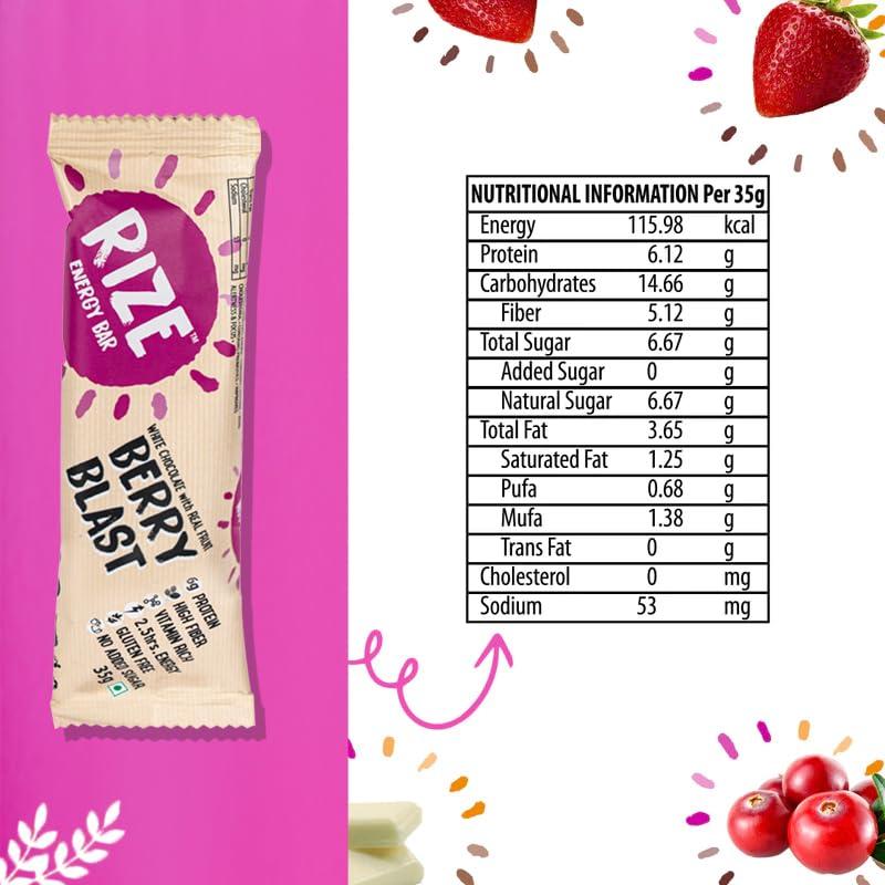 Rize RIZE Energy Bar|As Seen on Shark Tank India| 6g Protein Bar Caffeinated bars for post work out Snack, High Protein Bar with Zero added Sugar, Gluten Free Healthy Snack (Berry Blast-Pack of 6 Energy Bar)