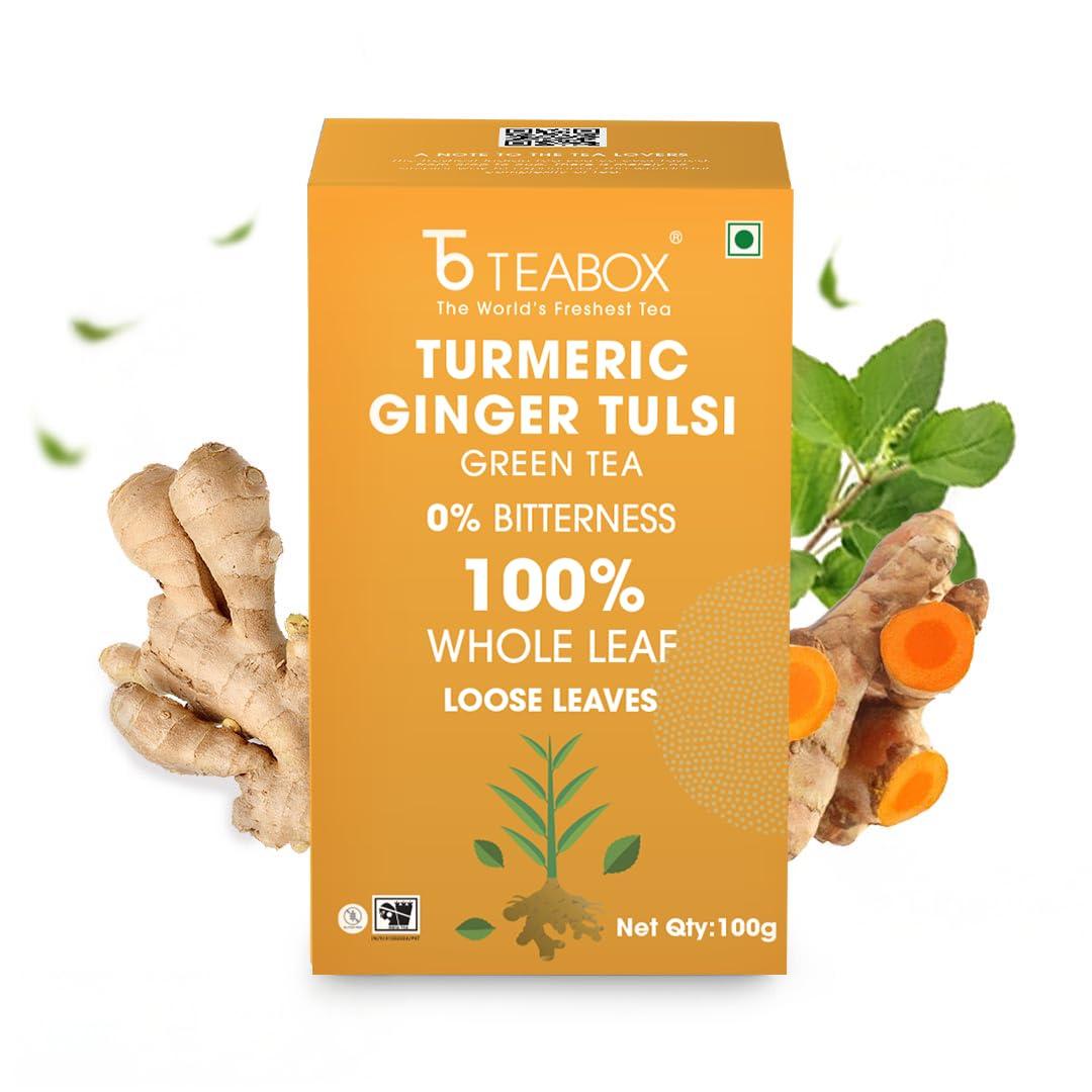 Teabox Teabox Organic Turmeric Ginger Tulsi Green Tea 100 grams | For Immunity Boosting, Digestion and Sore Throat | 100% Whole Leaf Tea, 0% Bitterness