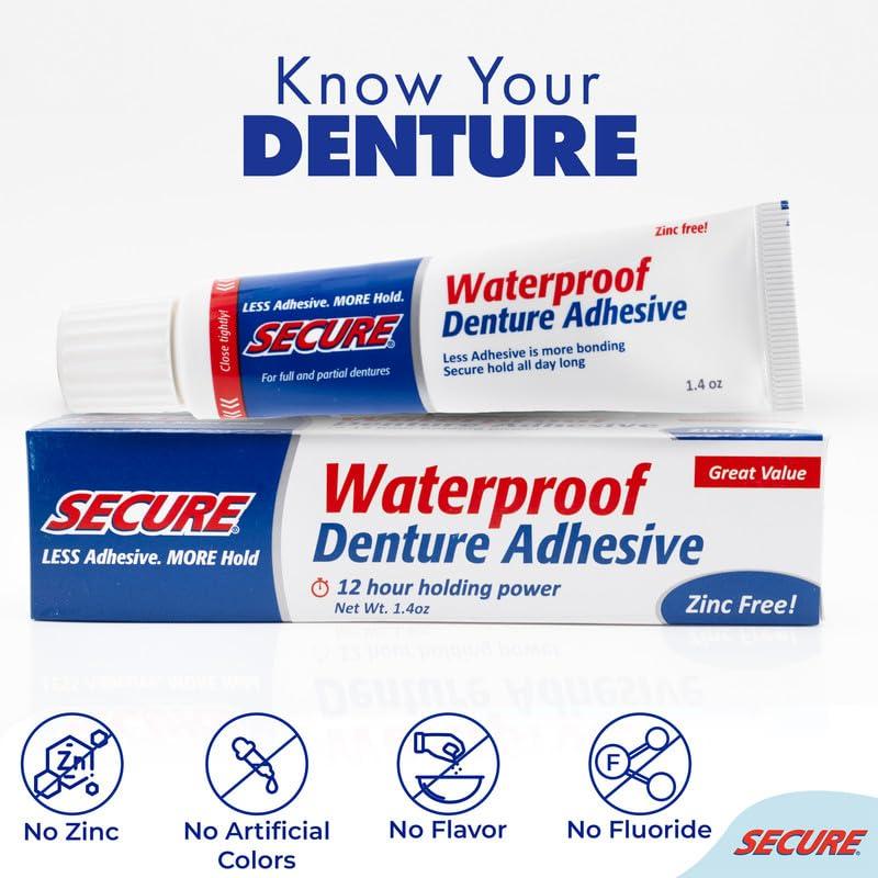 Secure Secure Denture Adhesive Waterproof Zinc Free 1.4 Oz. Formerly Secure Denture Bonding Cream 12 Hour Holding Power Size: 1.4 OZ