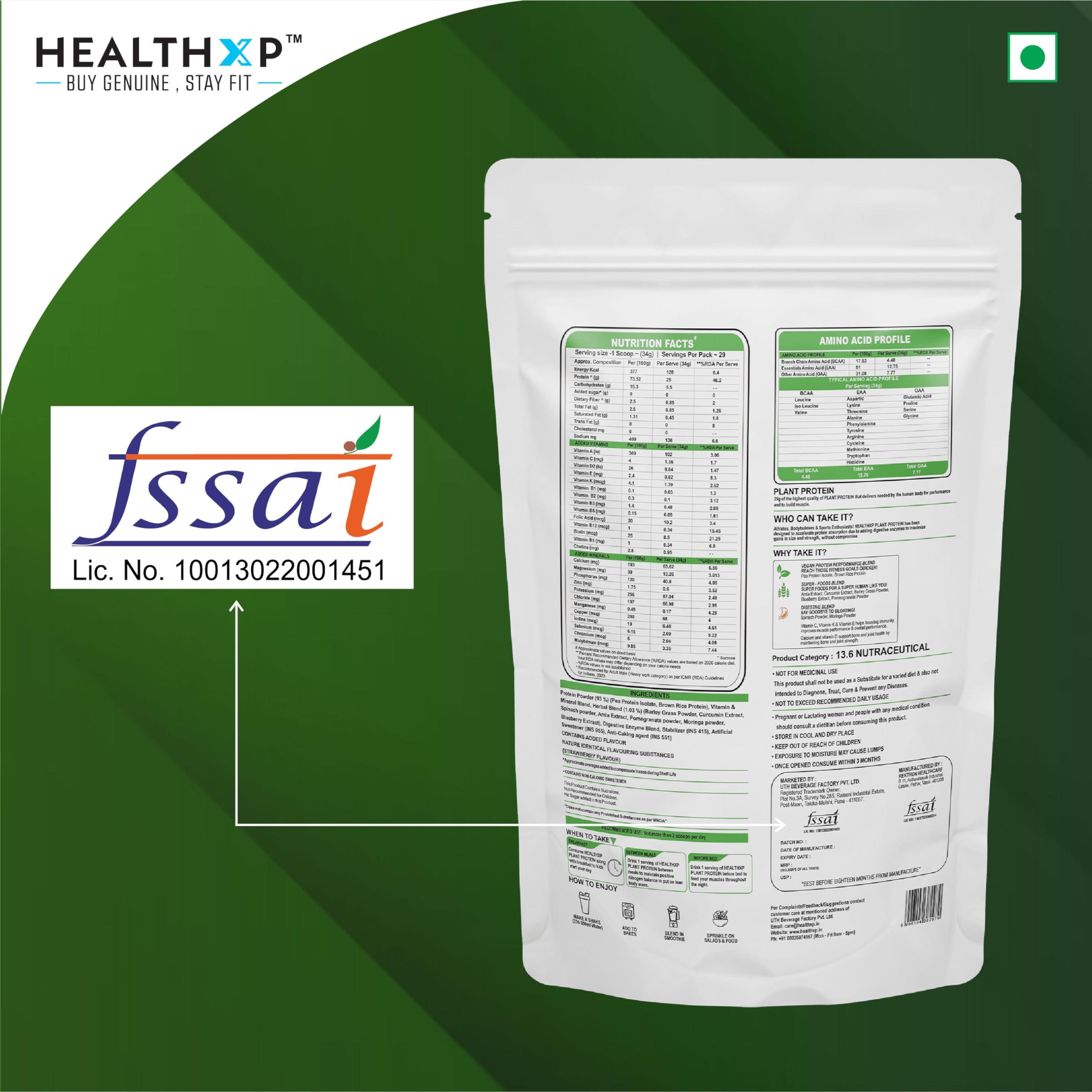 HealthXP HealthXP Plant Protein, 25g Protein, No Added Sugar, Vegan and Enriched with Minerals, Vitamins, Superfoods (Strawberry, 1 KG)