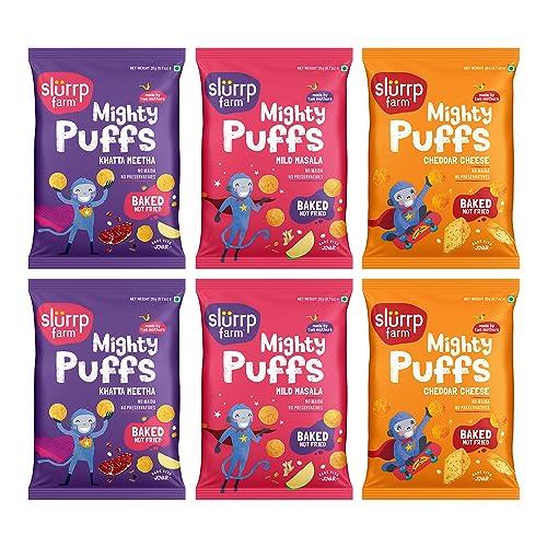 SLURRP FARM Slurrp Farm Mighty Jowar Puffs | Khatta Meetha, Mild Masala and Cheddar Cheese | Not Fried, No Maida | Healthy Snacks for Kids, School Tiffin and Travel-Friendly | 6 x 20g packs