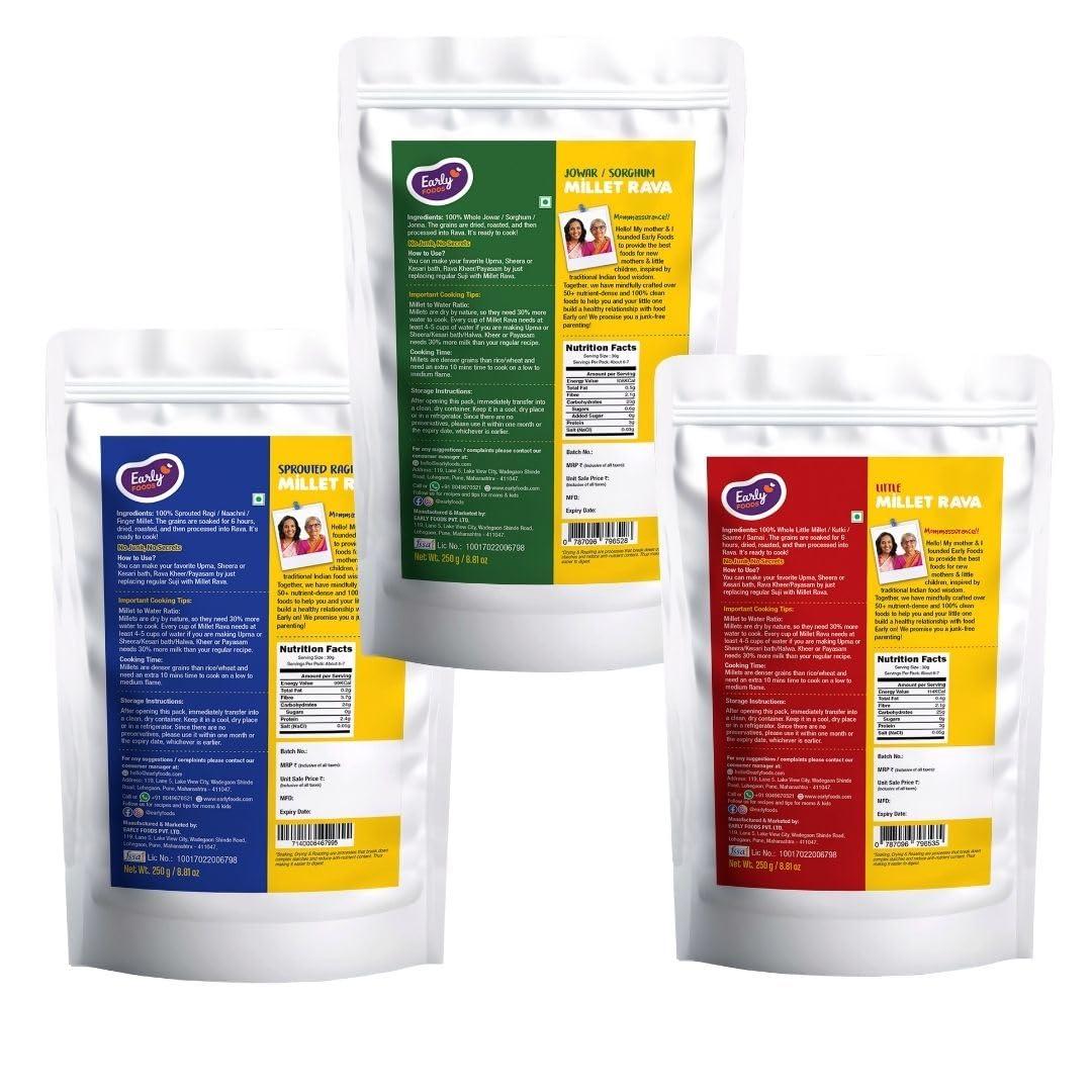 Early Foods Early Foods : Assorted Pack of 3 - Millet Rava (Sprouted Ragi, Jowar & Little Millet Rava) 250 g x 3