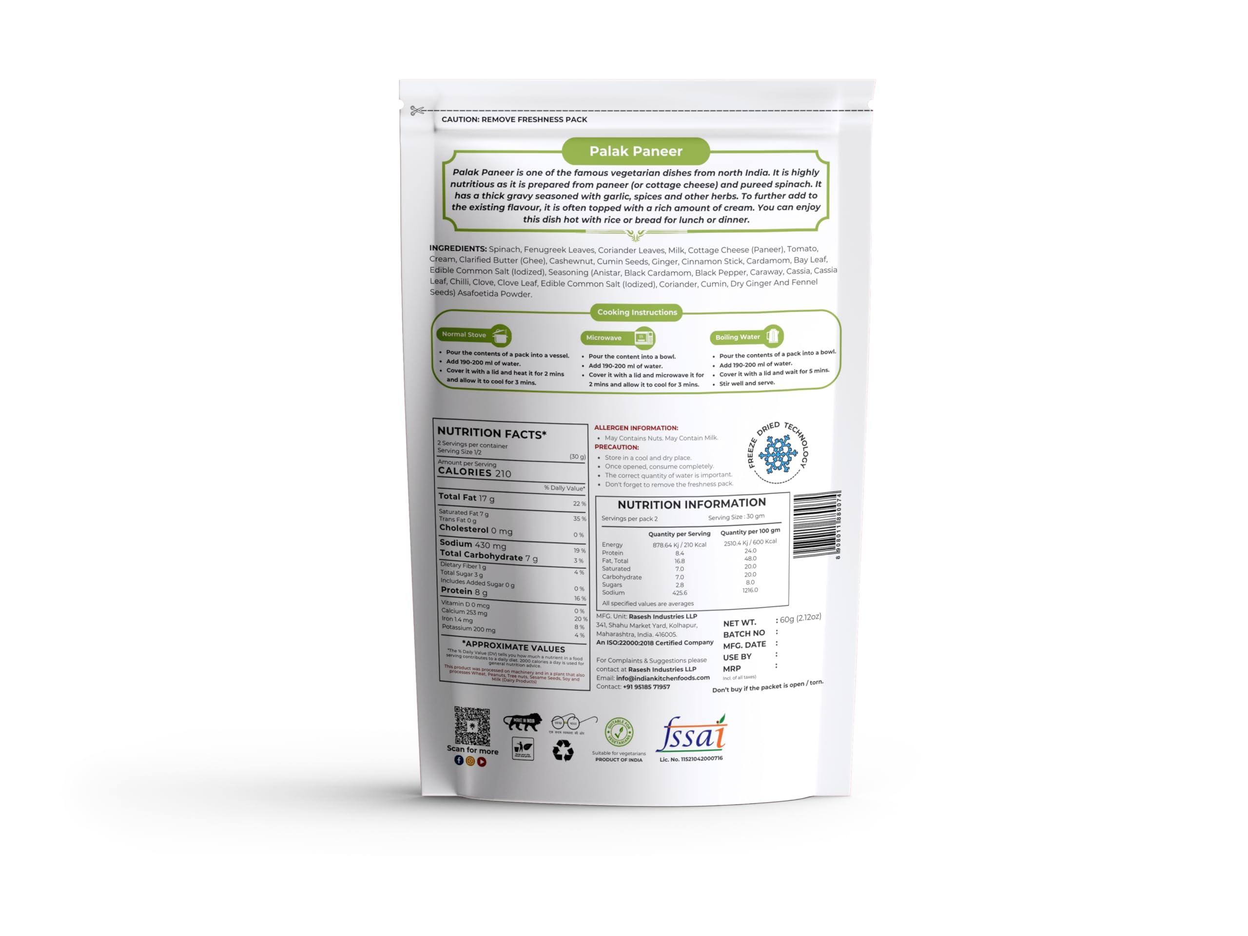 Indian Kitchen Foods Indian Kitchen Foods Instant Palak Paneer - Freeze Dried, Gluten-Free, Ready-to-Eat Indian Vegetarian Meal