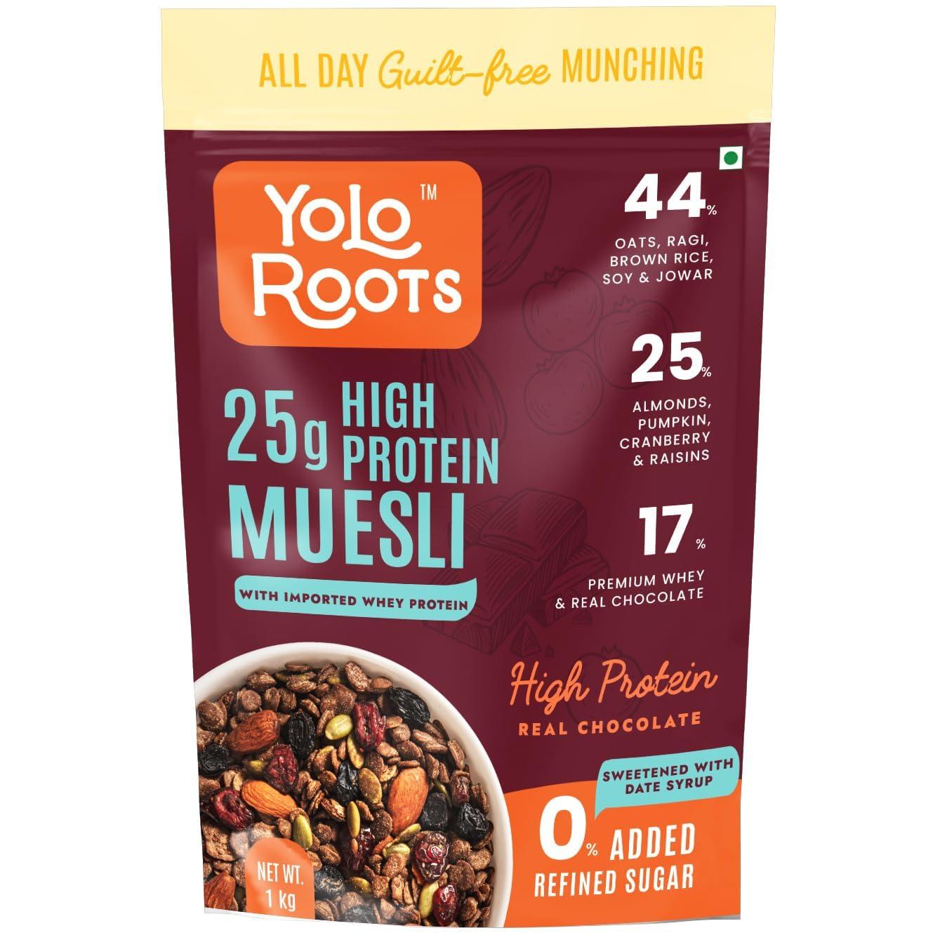 Yolo Roots Yolo Roots High Protein Dark Chocolate Muesli 1 Kg | India\'s 1st 25gm Protein per 100gm Muesli with Premium Whey Protein, 25% Almond, Pumpkin & Cranberry | No Added Refined Sugar | Made in Date Syrup