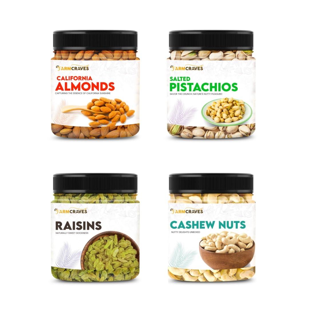 FARMCRAVES FARMCRAVES Premium Dry Fruits Combo Pack (1 Kg) | Whole Almond (250g) + Cashew (250g) + Raisin (250g) + Salted Pistachios (250g) | Healthy Dry Fruit Snack Combo