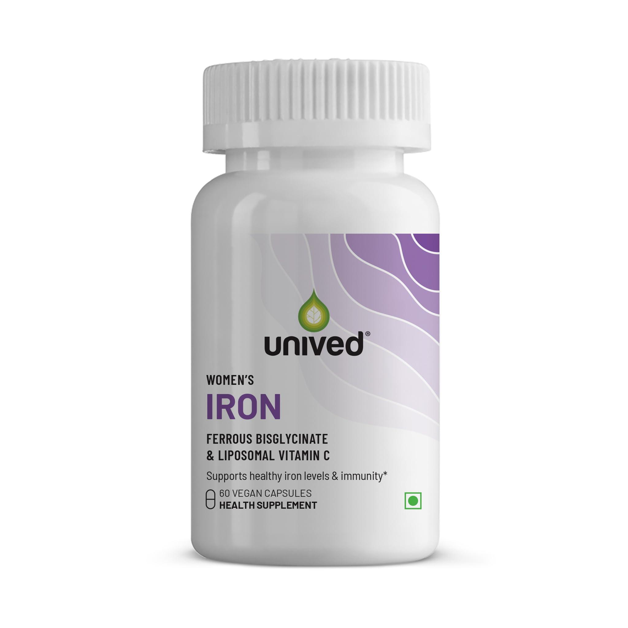 Unived Unived Women\'s Iron | Iron BisGlycinate Supplement for Women with Ferrous bisglycinate & Vitamin C for Optimal Absorption | Essential for Vegan & Veg Diets | Zinc Free | 60 Vegan Capsules