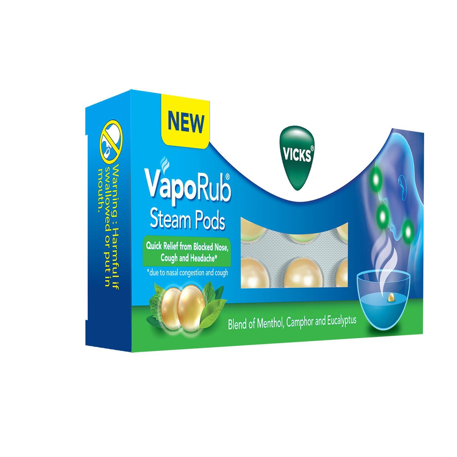 Vicks Vicks VapoRub SteamPods 10s, For Steam Inhalation, Quick relief from blocked nose, sinus congestion, headache, and cough due to cold. (Pack of 2)