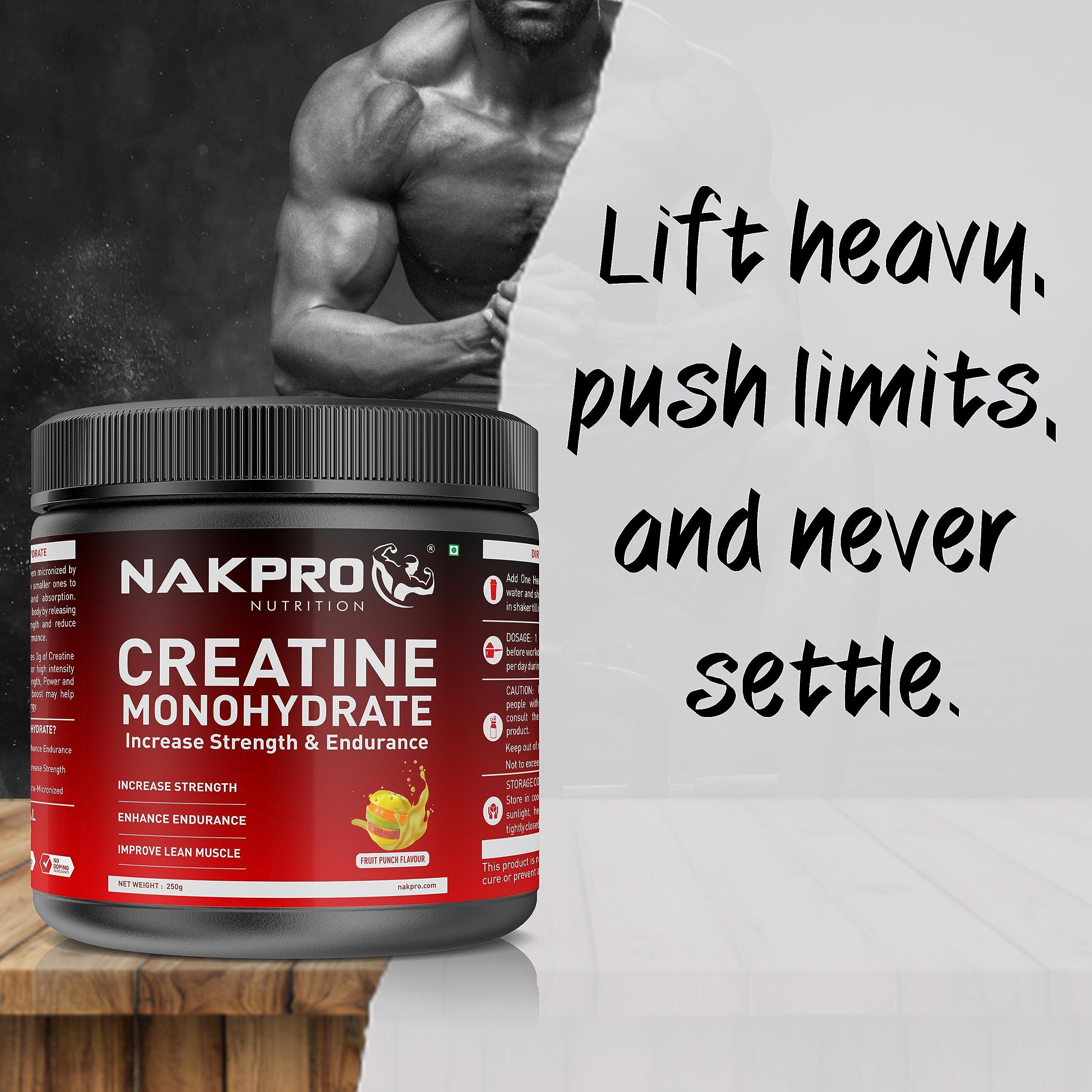 NAKPRO NAKPRO Micronised Creatine Monohydrate Powder 250g Jar, Fruit Punch | 3g Creatine/Serving | Trustified Certified | Rapid Absorption Pre/Post Workout Supplement for Muscle Repair & Recovery