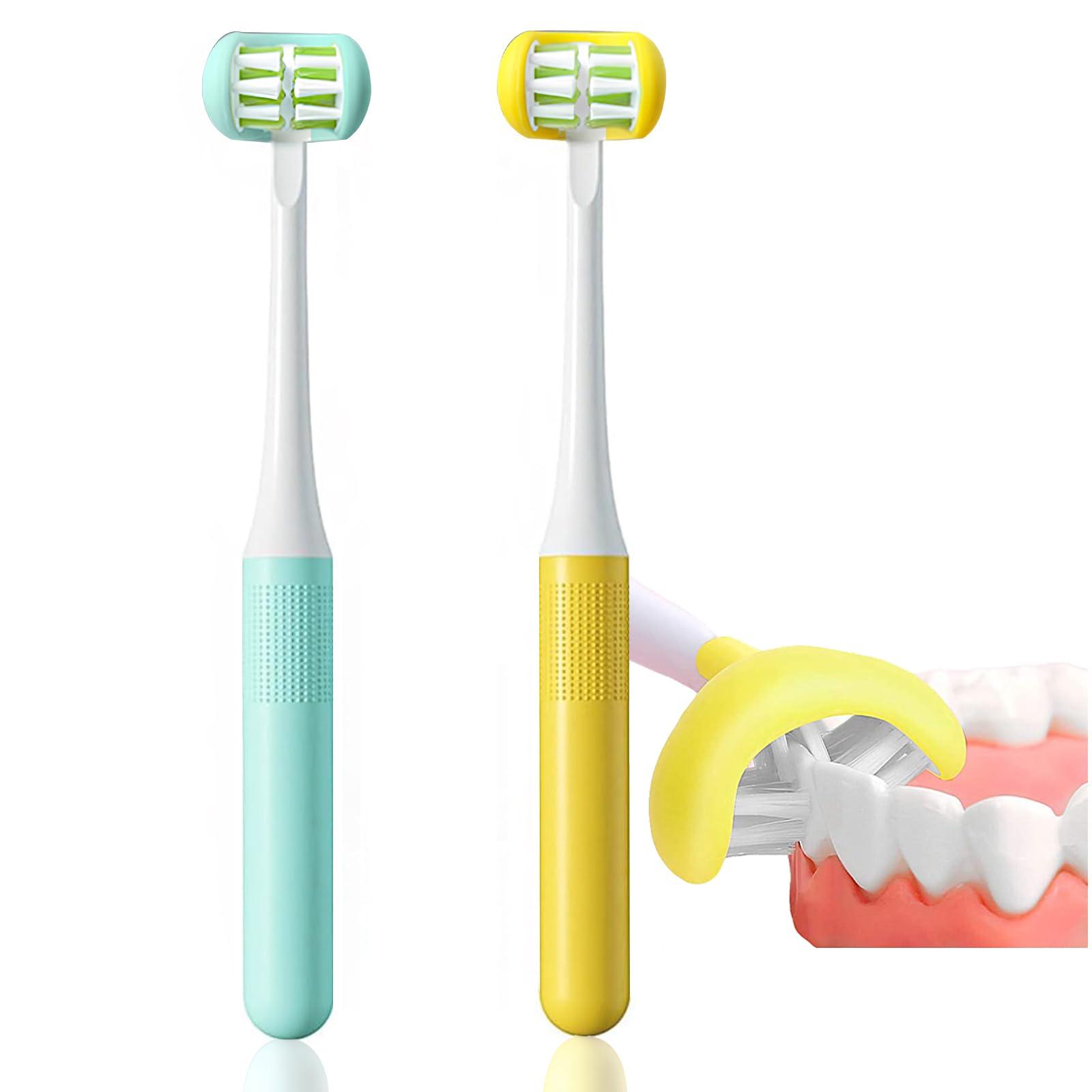 FOREVIVE FOREVIVE 2 Pieces 3 Sided Toddler Toothbrush, Three Bristles for Kids Toothbrush, Autism Soft Bristles Toothbrush,Soft and Gentle for Complete Tooth and Gum Care(C1Blue+Yellow Kids)