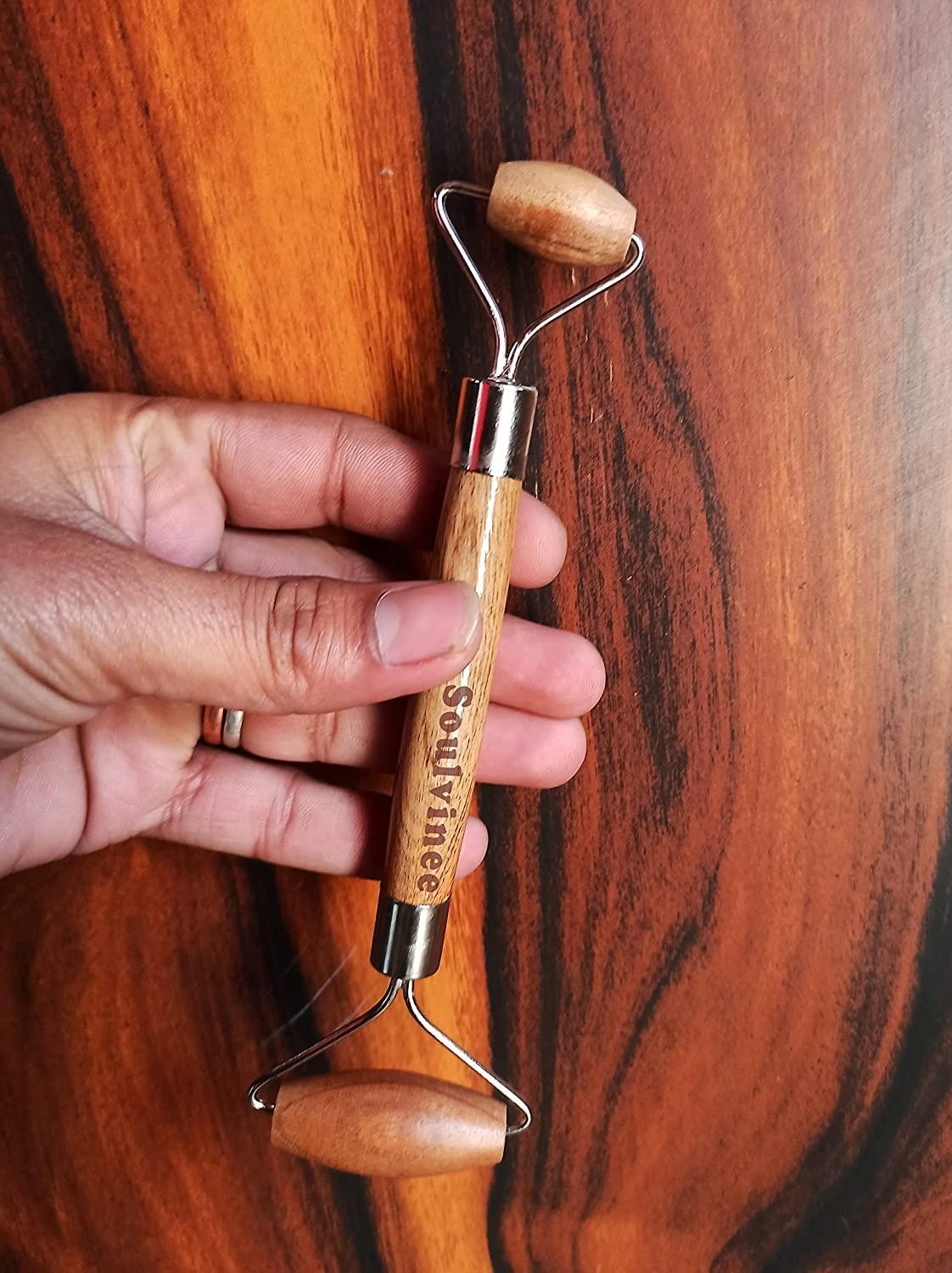 soulvinee Soulvinee Natural Neem Wooden Face Massage Rollers Facial Spa Massage Gua Sha Tool Double Head wooden Roller With KumKumadi Oil